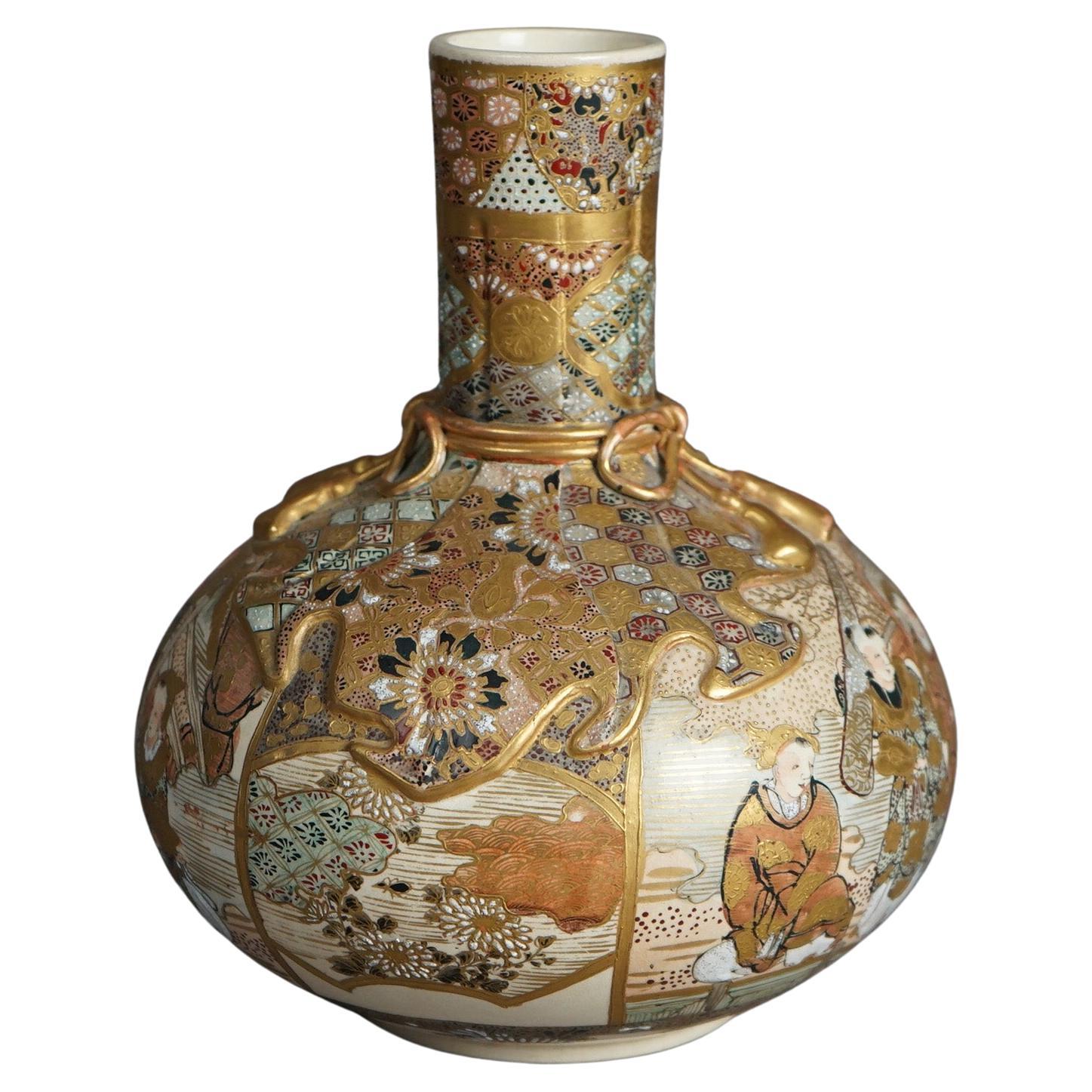 Antique Satsuma Meiji Porcelain Bottle Vase Hand Painted & Gilt Figures c1910 For Sale