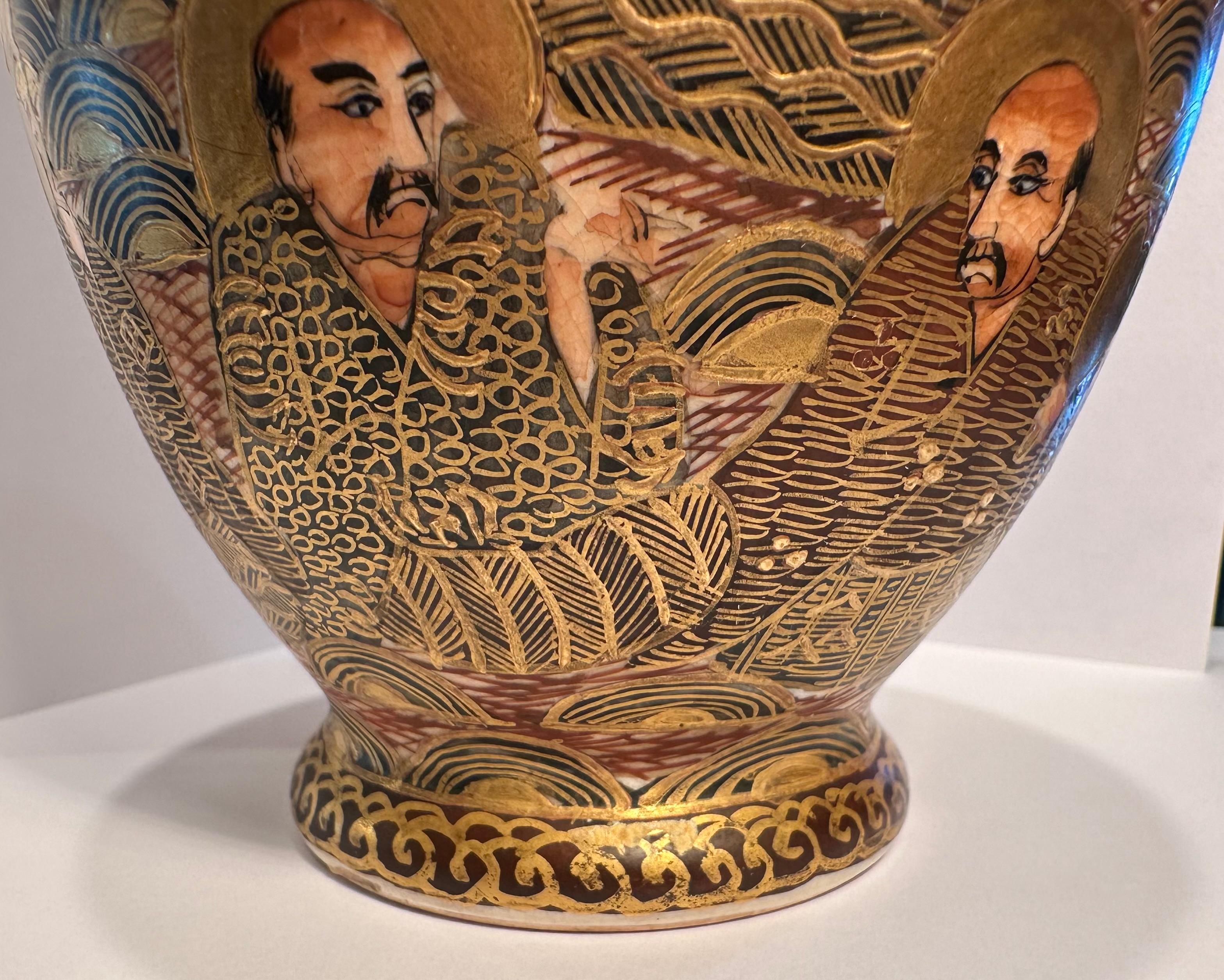 Antique Satsuma One Thousand Faces and Dragon Meiji Period Baluster Shaped Vase In Good Condition For Sale In Tustin, CA
