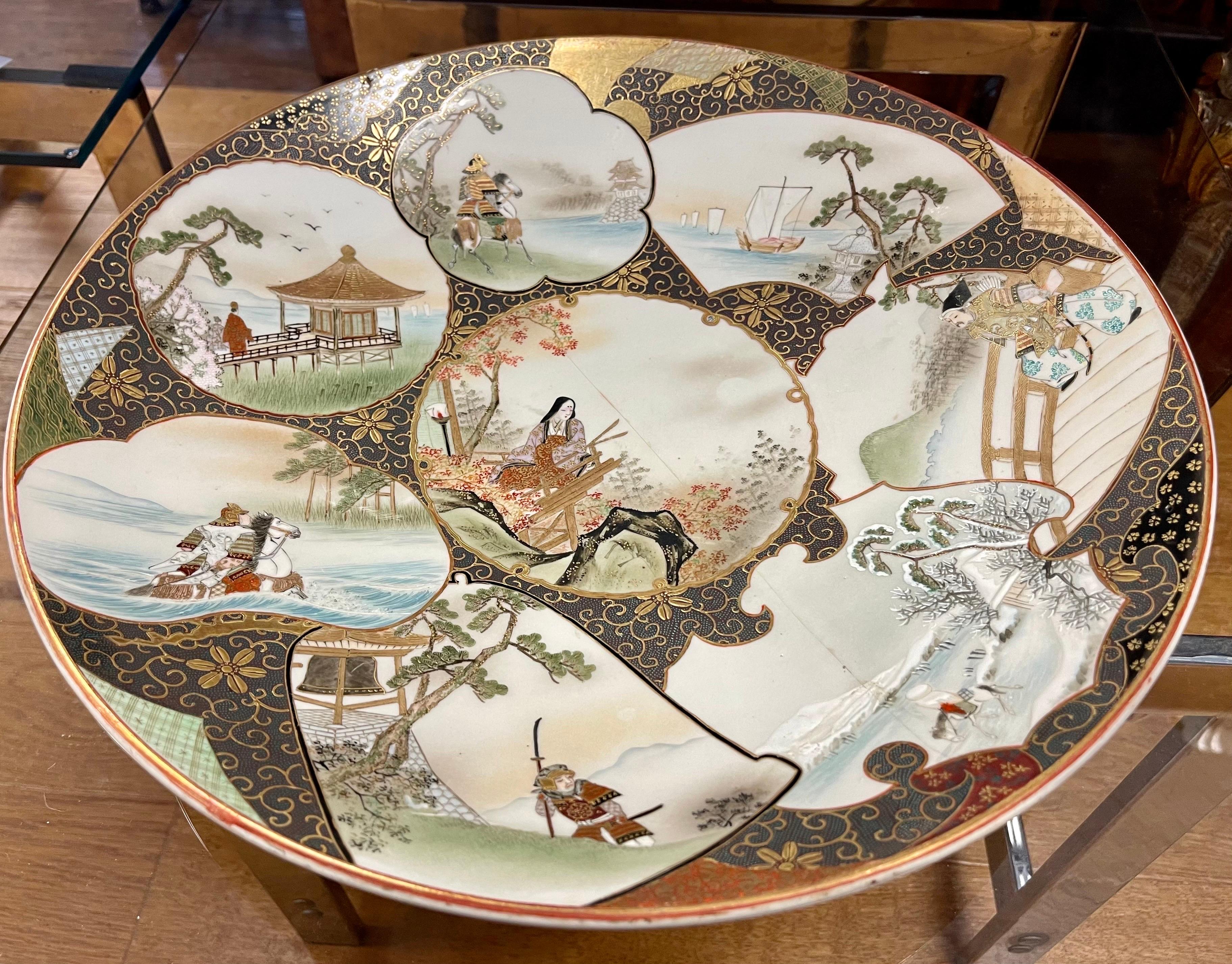 Antique Satsuma Platter Bearing Eight Scenes from O'mi District Signed For Sale 5
