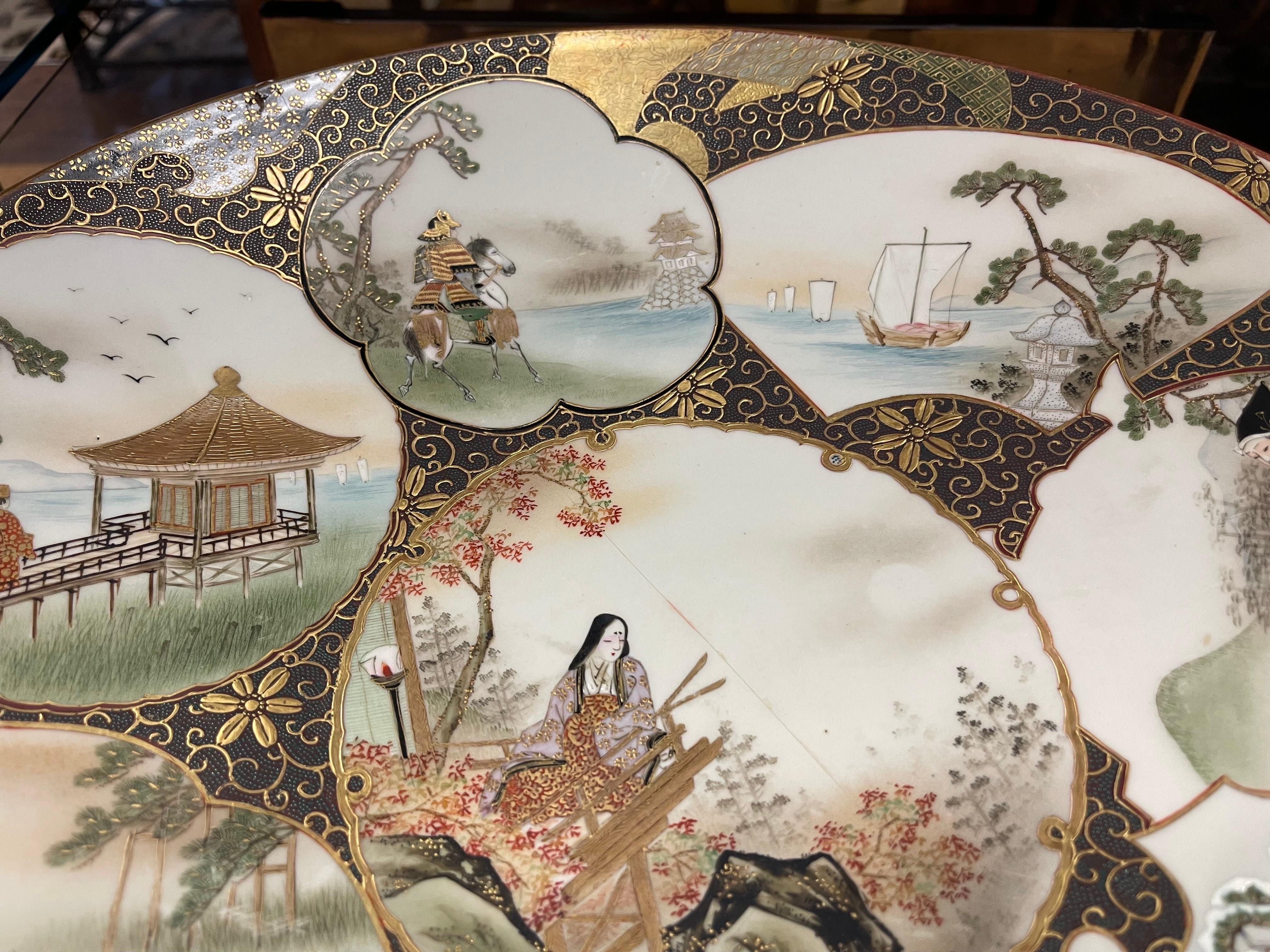 Antique Satsuma Platter Bearing Eight Scenes from O'mi District Signed 6