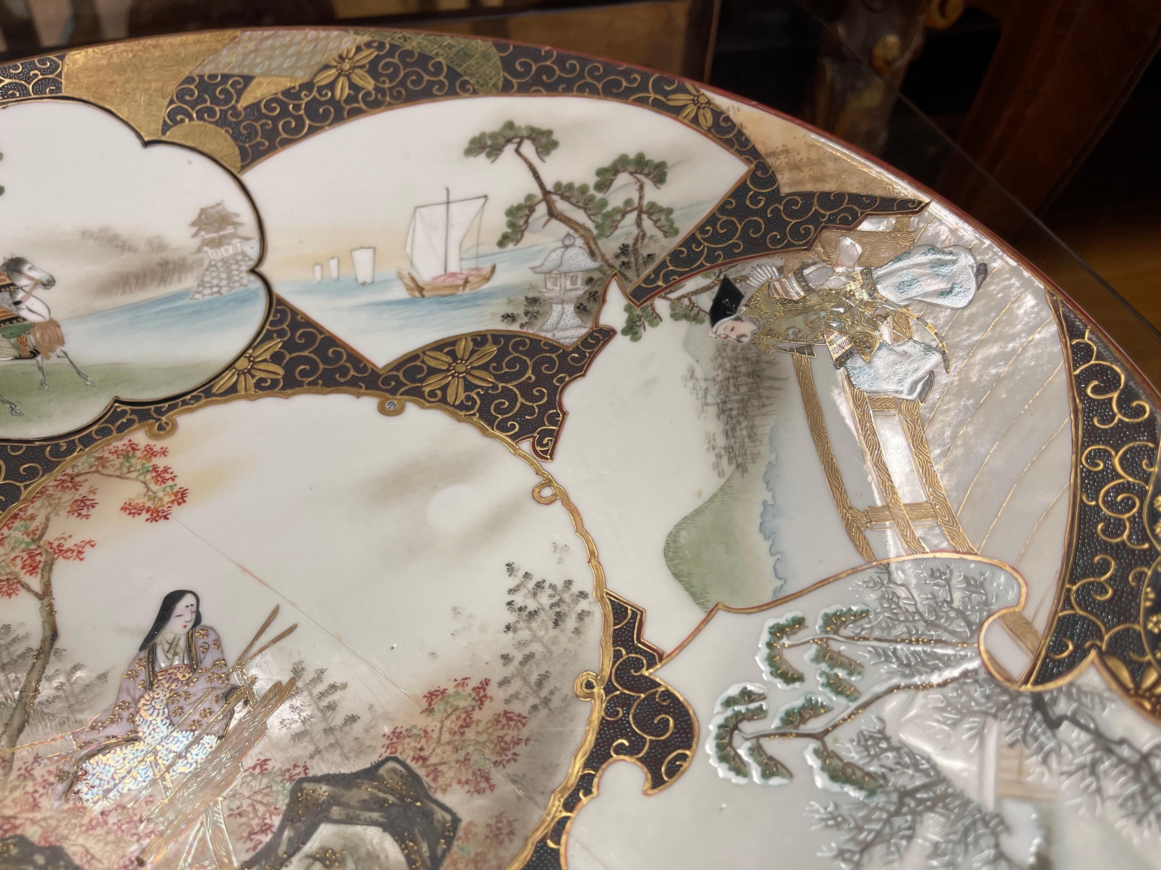 Antique Satsuma Platter Bearing Eight Scenes from O'mi District Signed For Sale 7