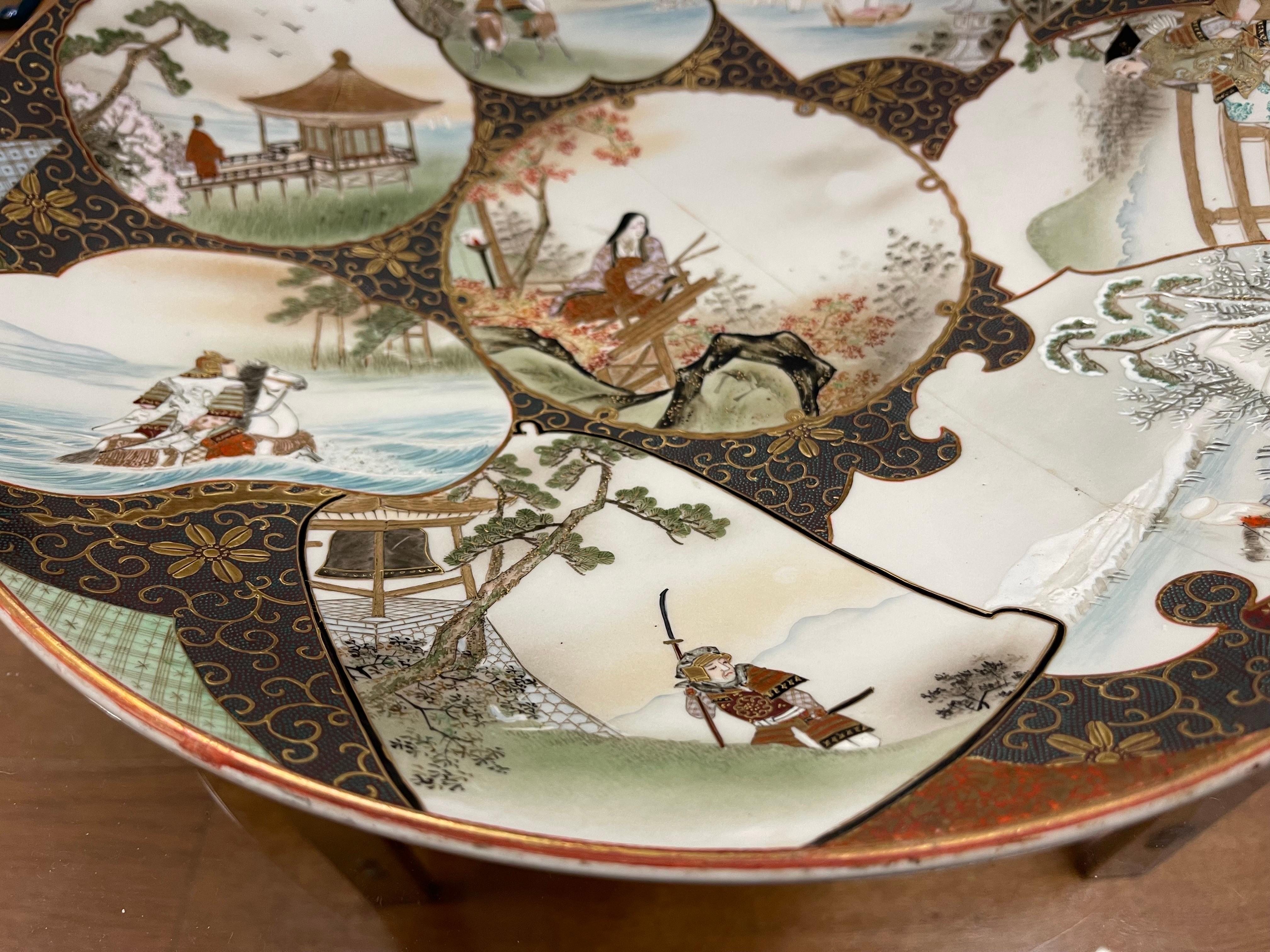 Antique Satsuma Platter Bearing Eight Scenes from O'mi District Signed 1