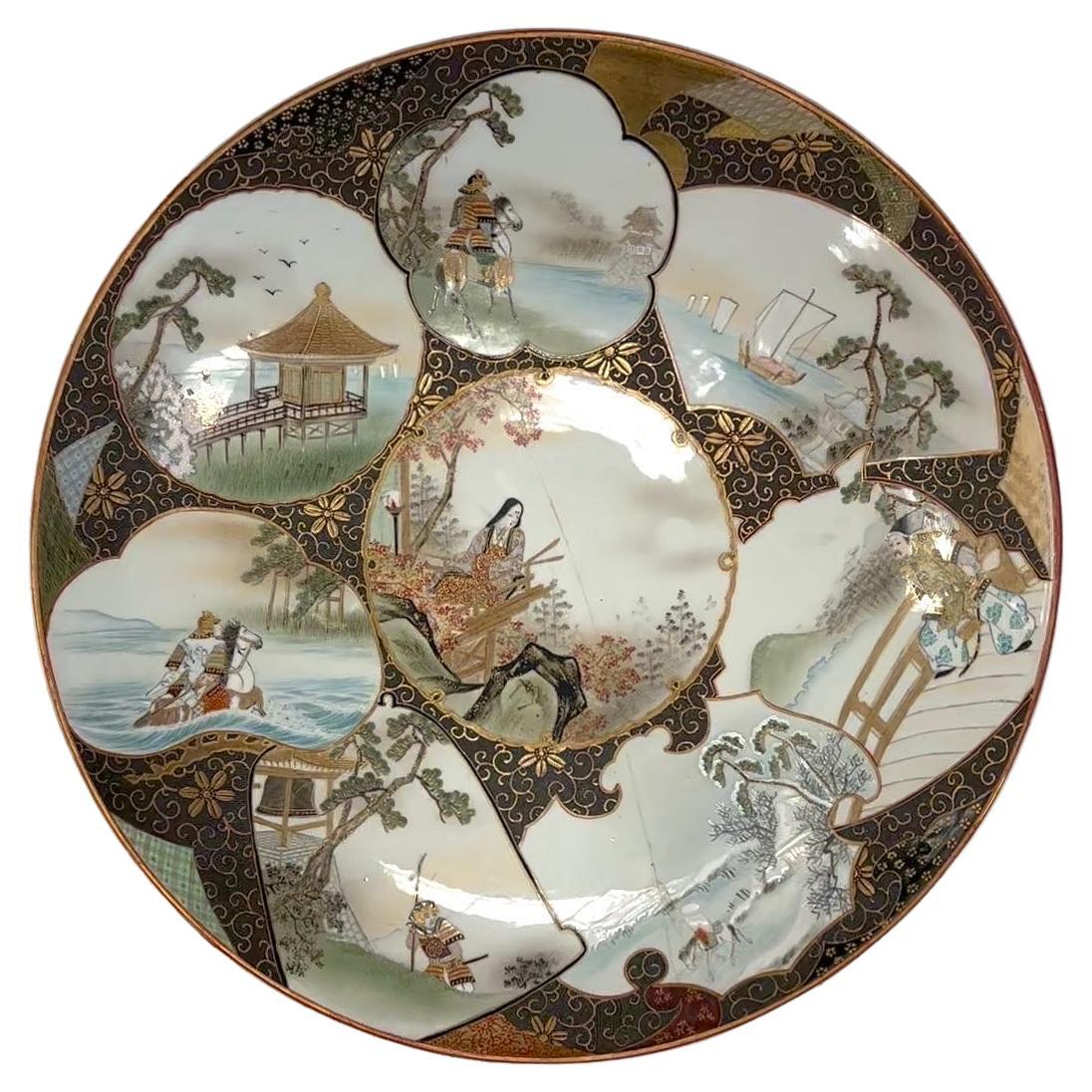 Antique Satsuma Platter Bearing Eight Scenes from O'mi District Signed For Sale