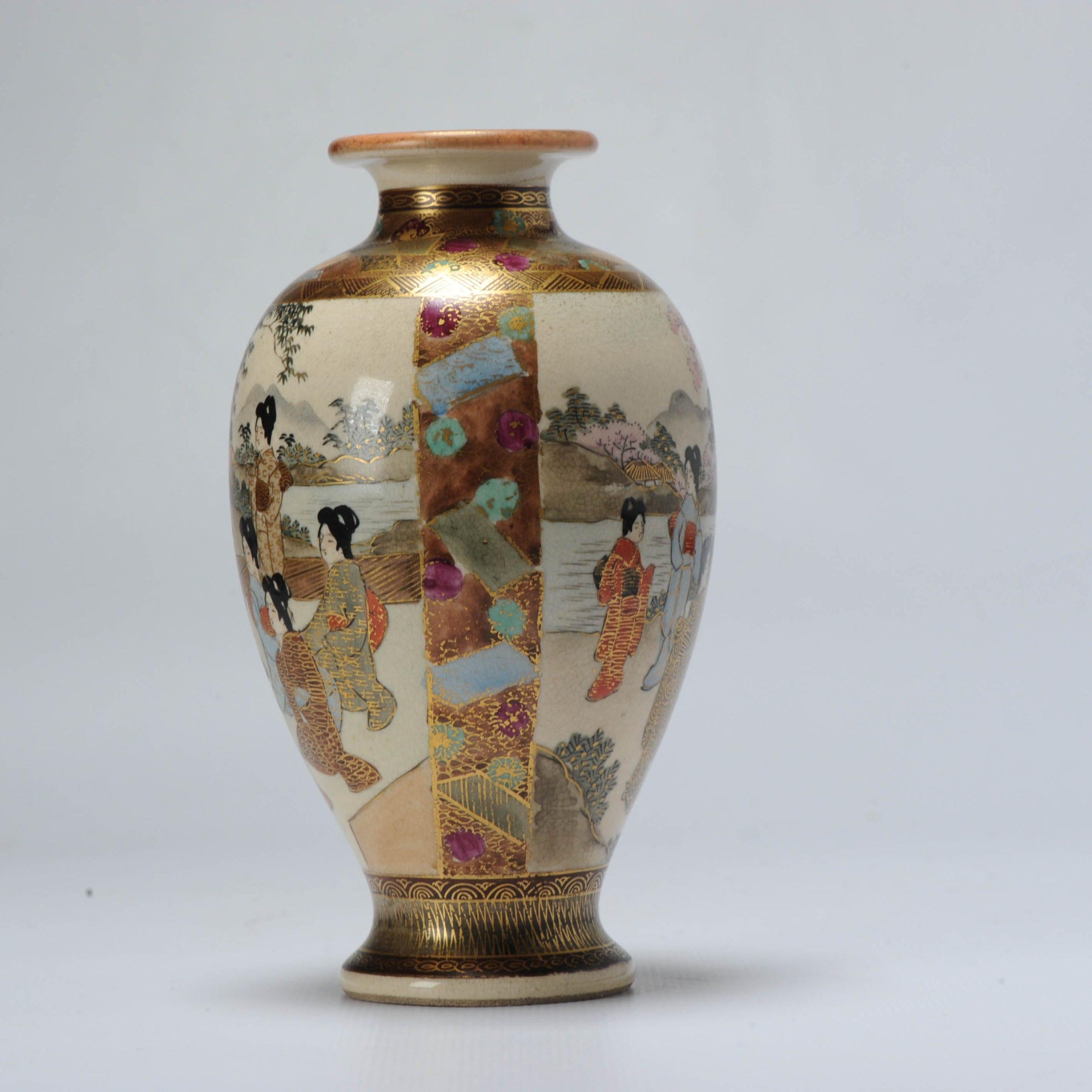 A lovely Satsuma vase with Geishas/Elegant ladies in a landscape/pagode scene. Marked base.

Additional information:
Material: Porcelain & Pottery
Japanese Style: Satsuma
Region of Origin: Japan
Period: 19th century Meiji Periode (1867-1912)
Age: