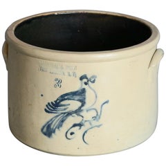 Antique Satterlee & Mory Blue Decorated 3-Gallon Cake Crock with Bird circa 1850