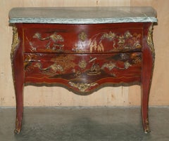 ANTIQUE SAUTEUSE CHiNESE CHINOISERIE RED LACQUERED OAK, MARBLE & GILT COMMODE