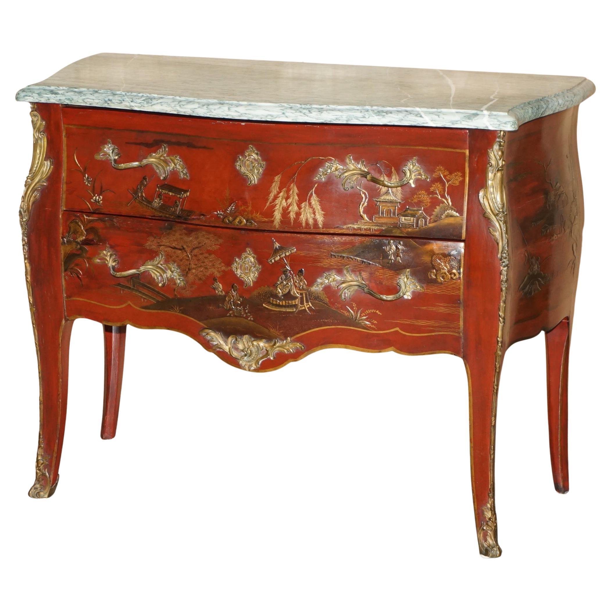 ANTIQUE SAUTEUSE CHiNESE CHINOISERIE RED LACQUERED OAK, MARBLE & GILT COMMODE im Angebot