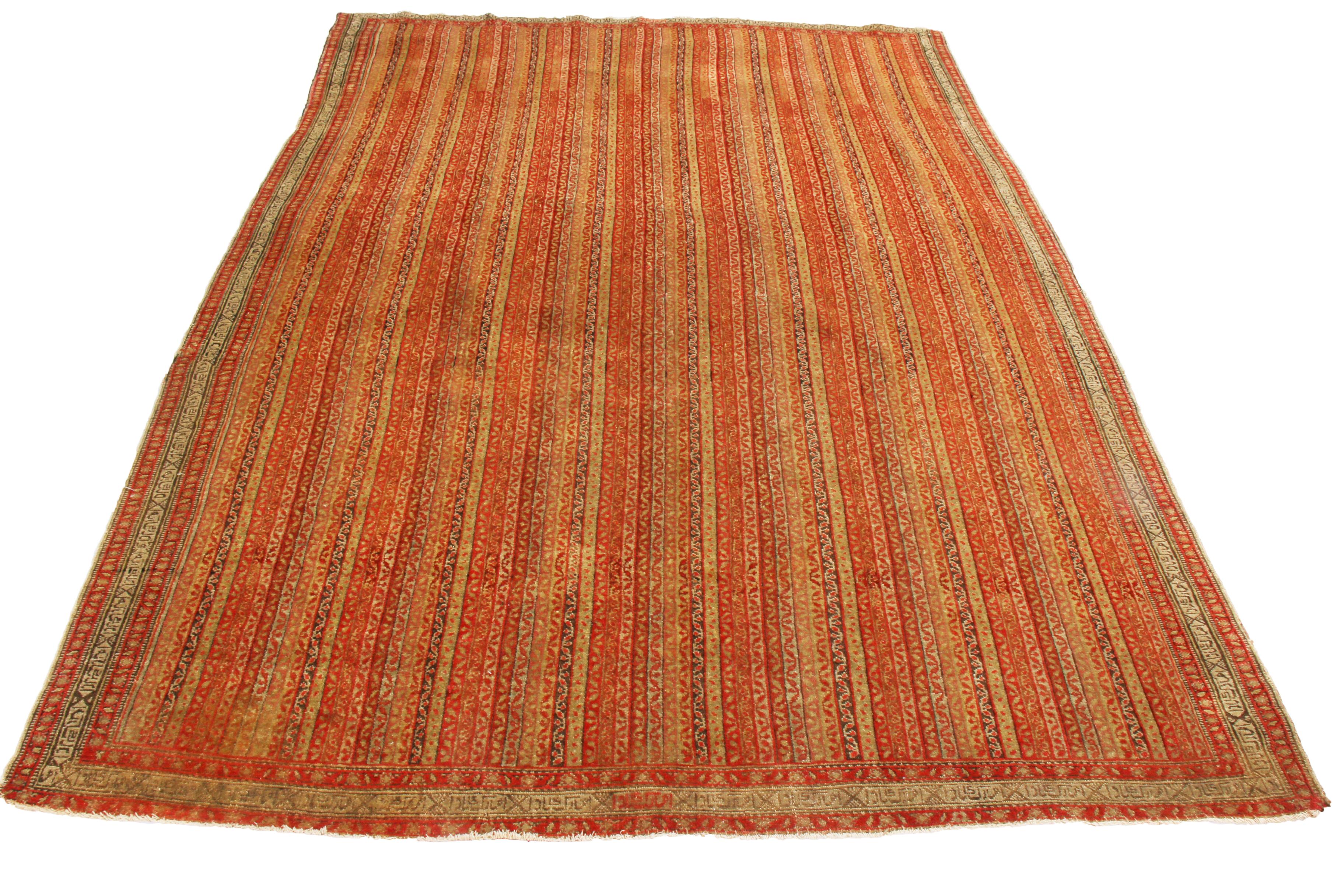 This 4x6 antique Persian Senneh rug is a very special curation of Moharamati design—hand-knotted wool circa 1880-1890. 

On the Design: 

Admirers of the craft may recognize the Moharamati, as seen in the vertical stripes in red, gold and brown.