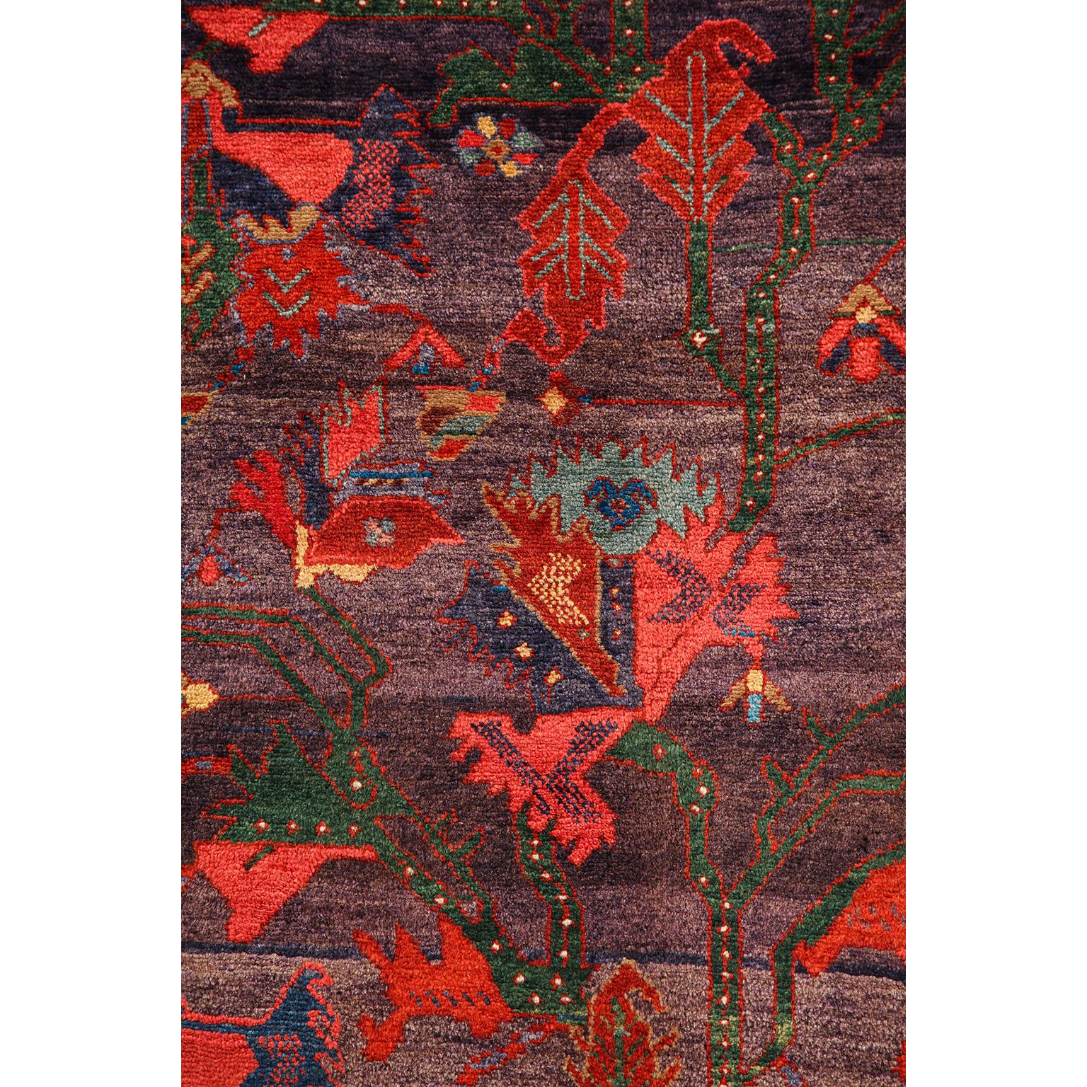 Teinture végétale Antiquities 1910s Saveh Tree of Life Persian Rug, Red, Brown and Green Wool, 5' x 7' en vente