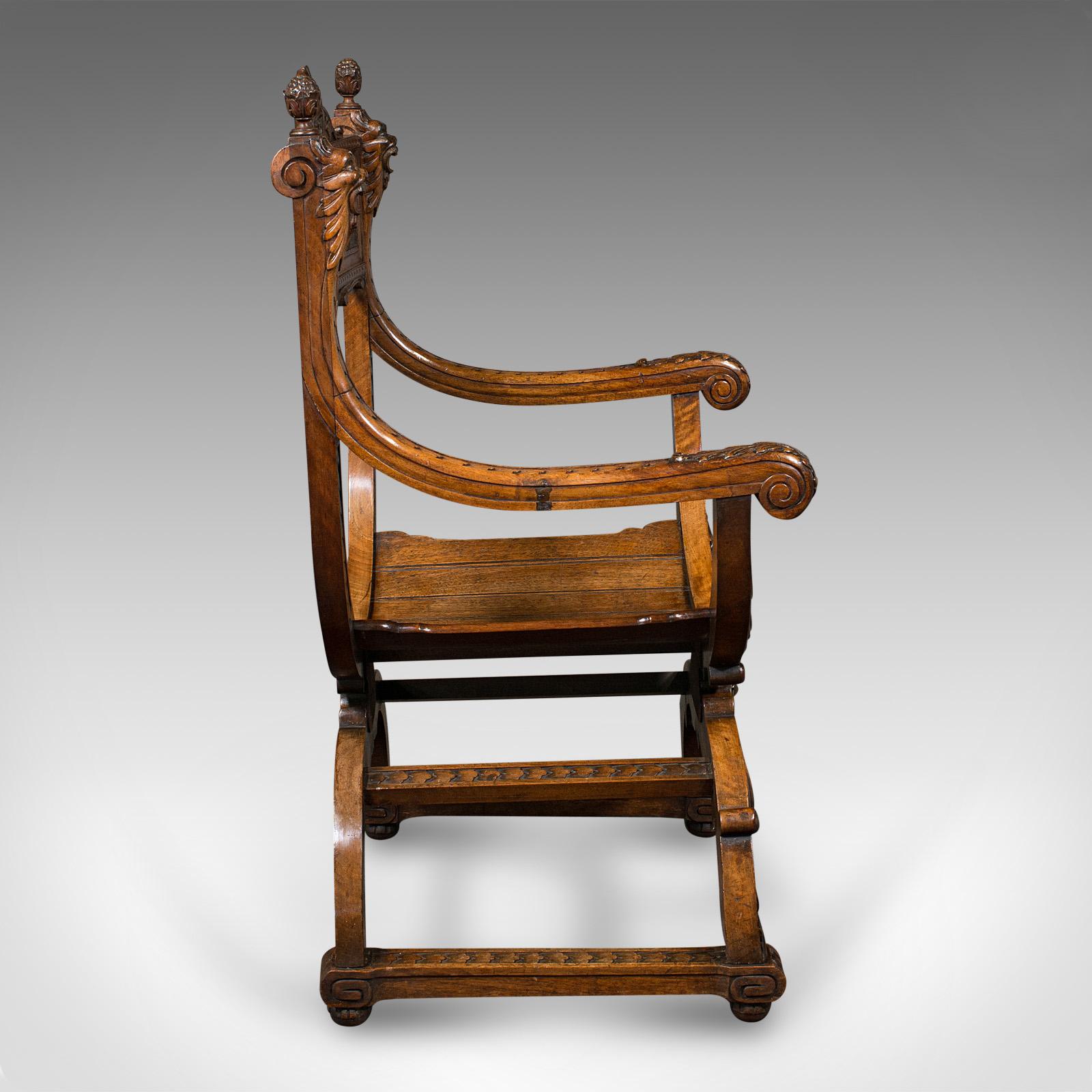 British Antique Savonarola Armchair, English, Gothic Revival, James Shoolbred, Victorian