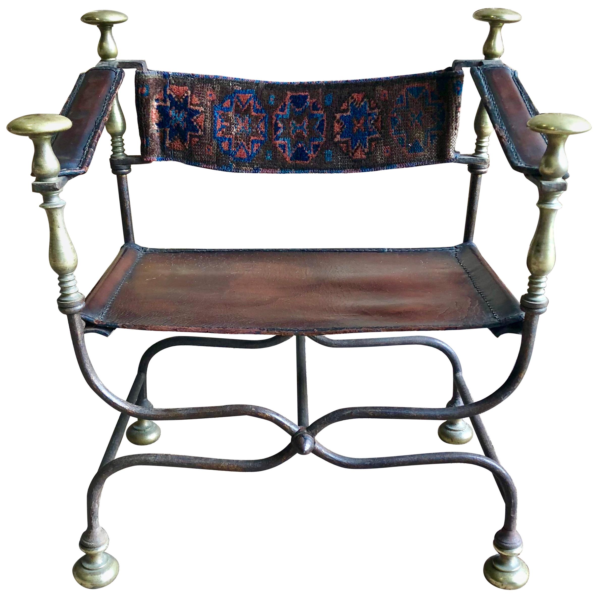 Antique Savonarola Chair, Iron and Brass