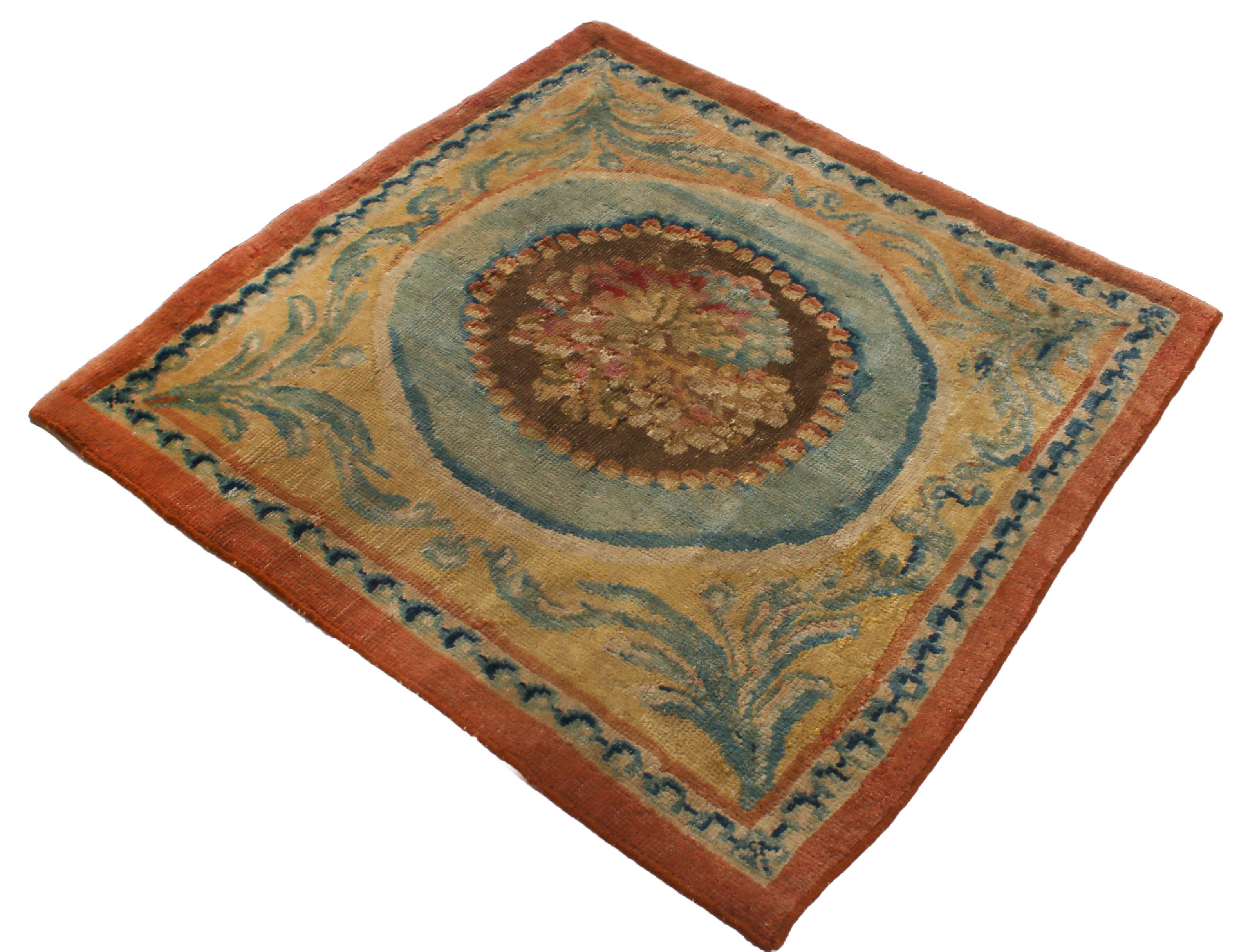 French Antique Savonnerie Beige and Blue Wool Rug