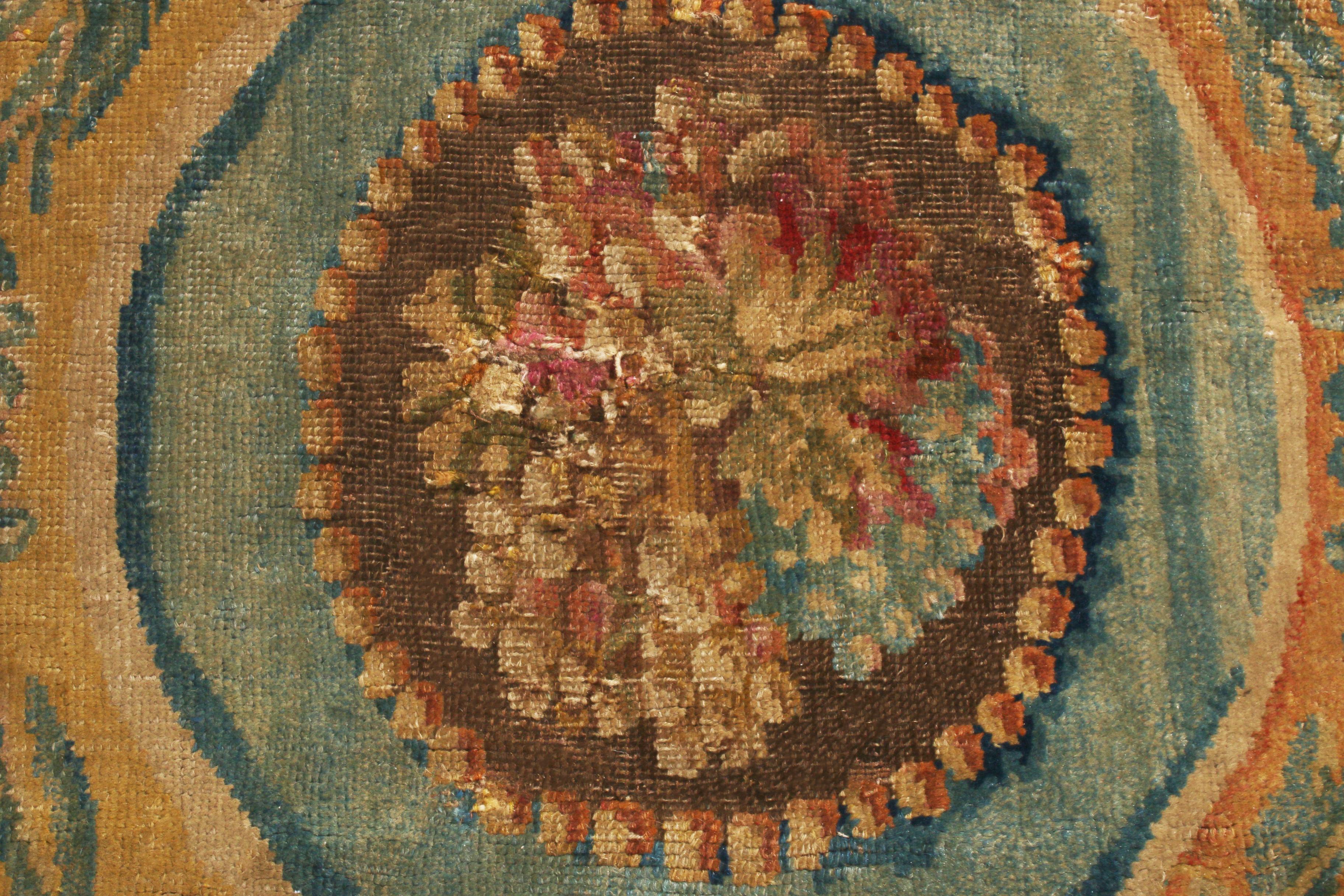 Hand-Knotted Antique Savonnerie Beige and Blue Wool Rug