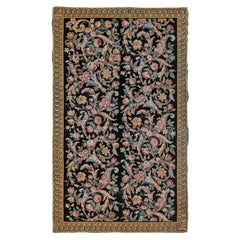Antique Savonnerie French Midnight Black Carpet - c. 1920 (Size Adjusted)