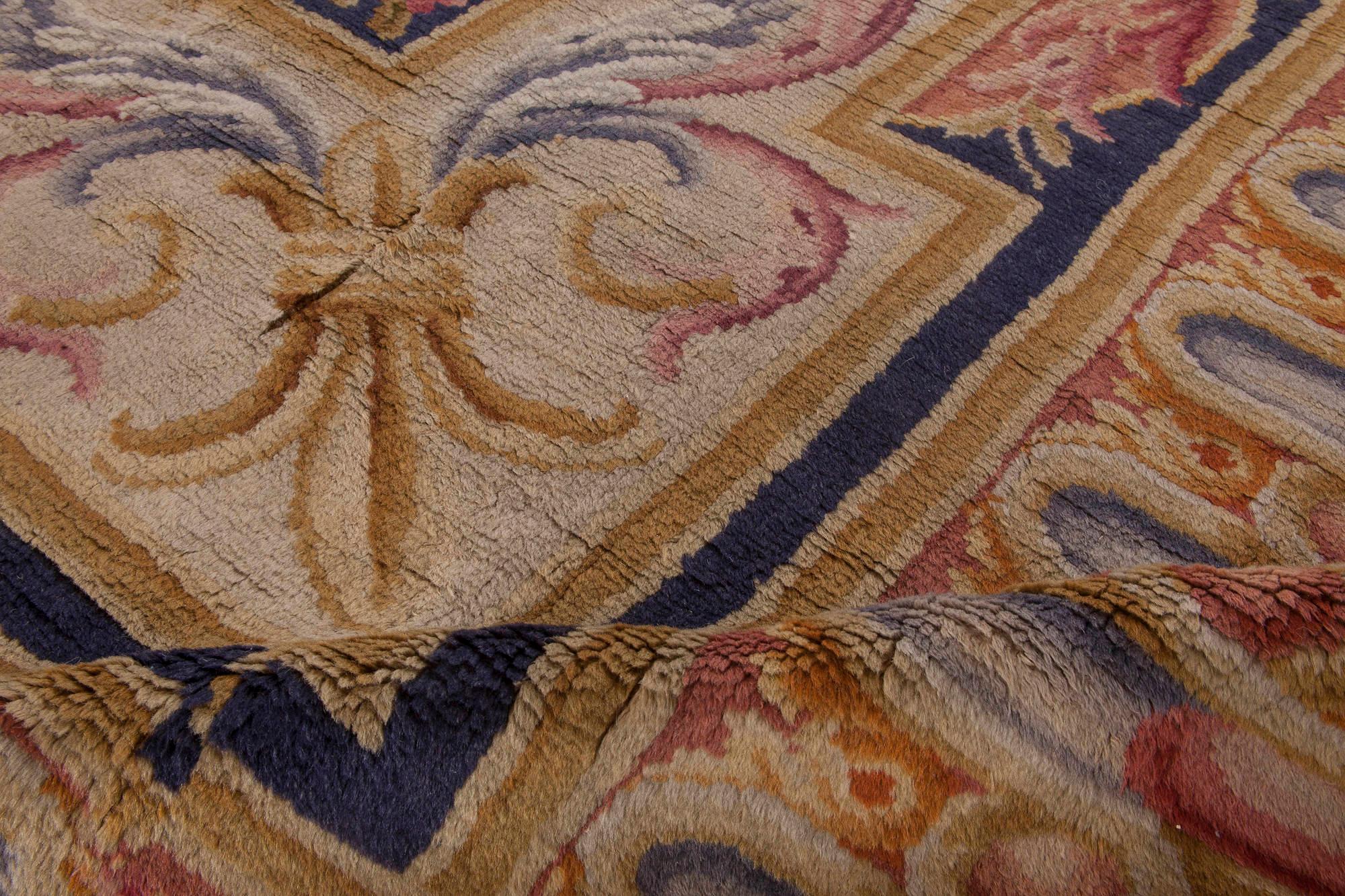 French Antique Savonnerie Hand Knotted Wool Carpet For Sale
