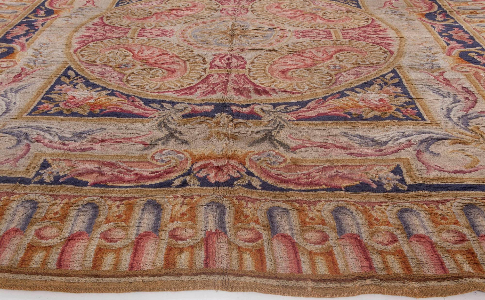 Hand-Woven Antique Savonnerie Hand Knotted Wool Carpet For Sale