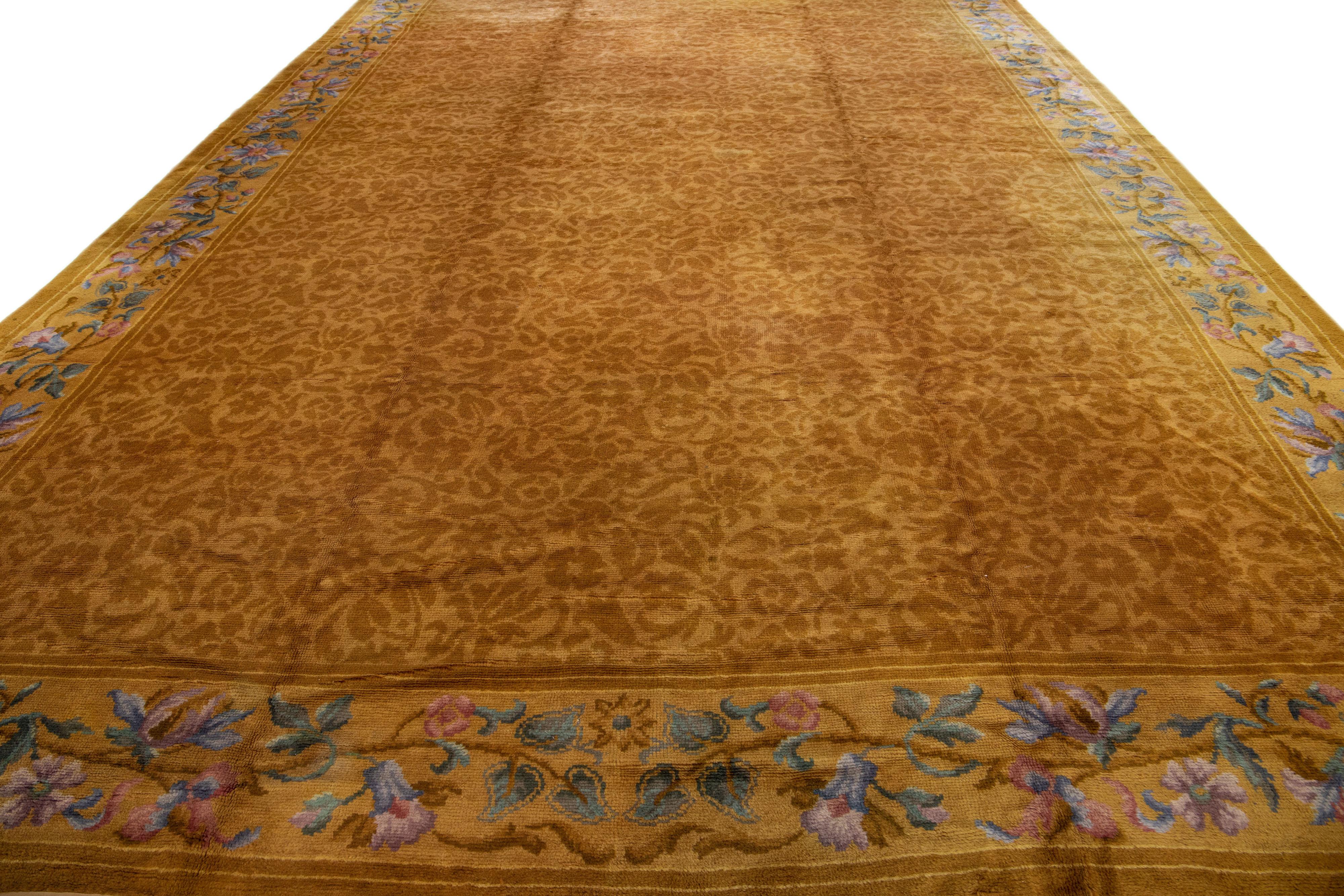 Aubusson Antique Savonnerie Handmade Golderod Wool Rug with Allover Floral Motif For Sale