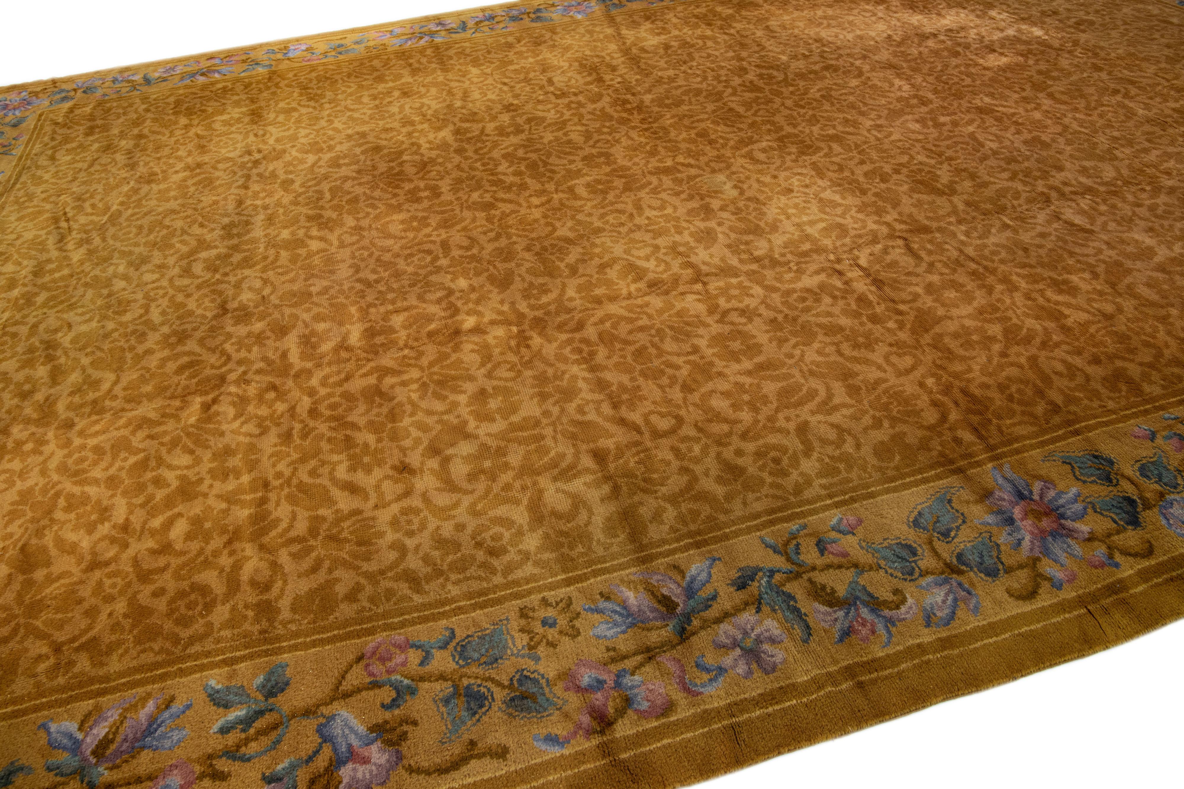 Hand-Knotted Antique Savonnerie Handmade Golderod Wool Rug with Allover Floral Motif For Sale