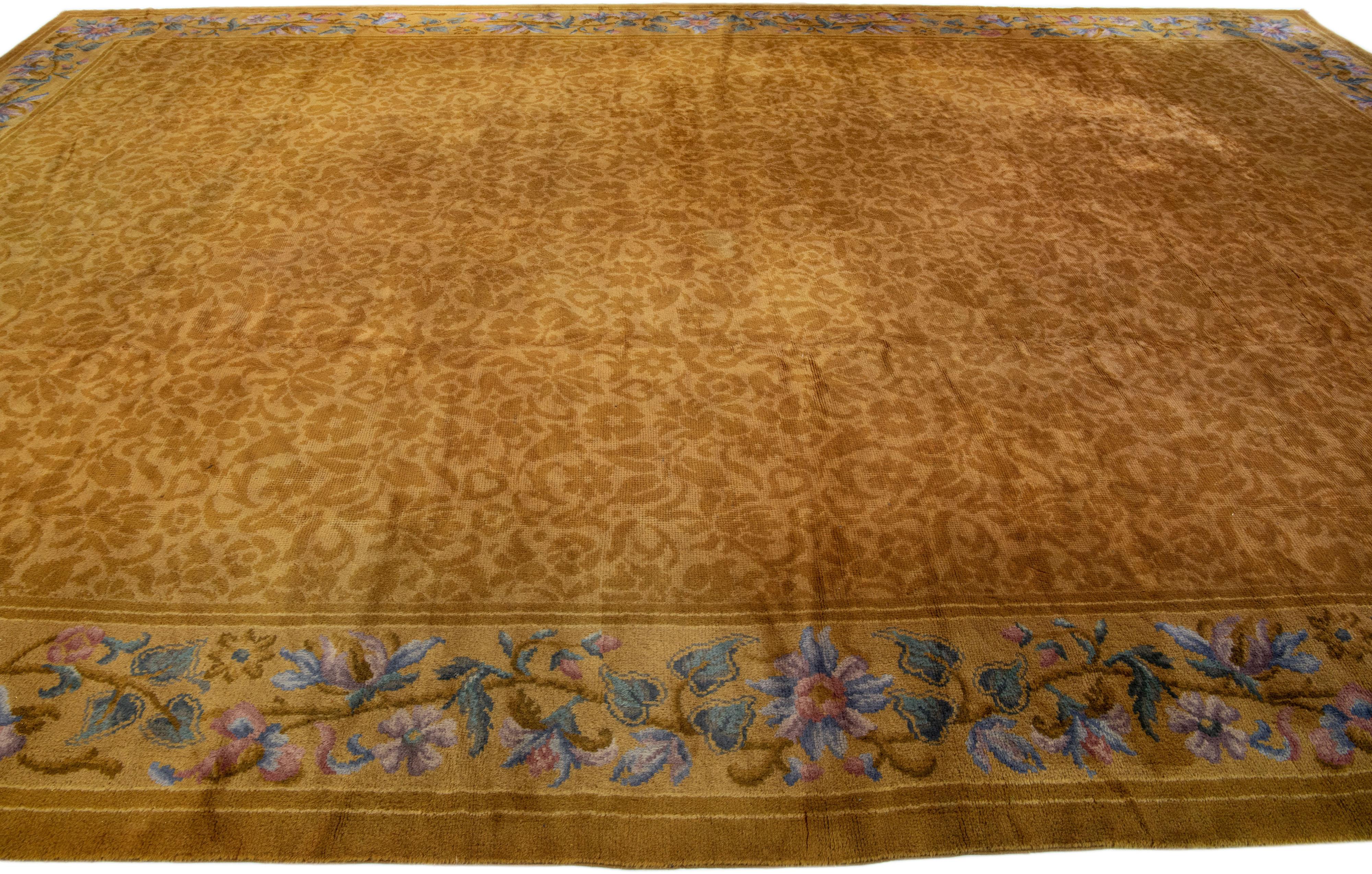 Antique Savonnerie Handmade Golderod Wool Rug with Allover Floral Motif In Excellent Condition For Sale In Norwalk, CT