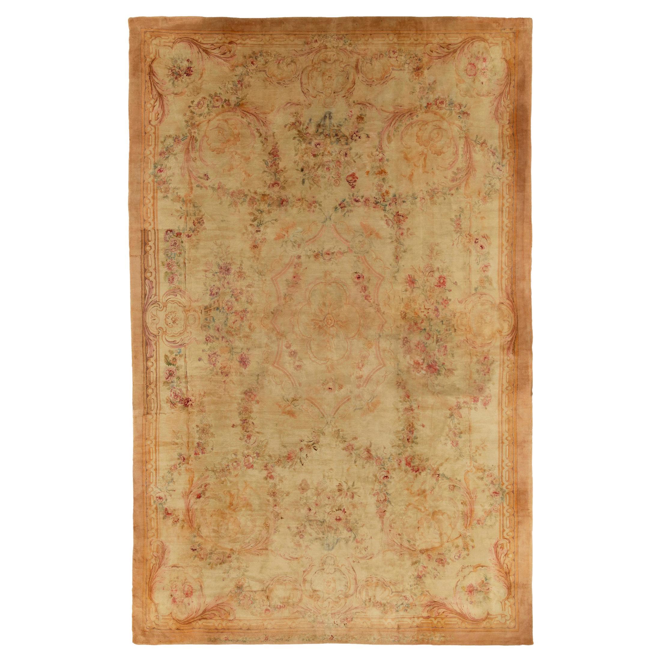 Antique Savonnerie Rug in All over Beige-Gold Pink Floral Pattern by Rug & Kilim For Sale
