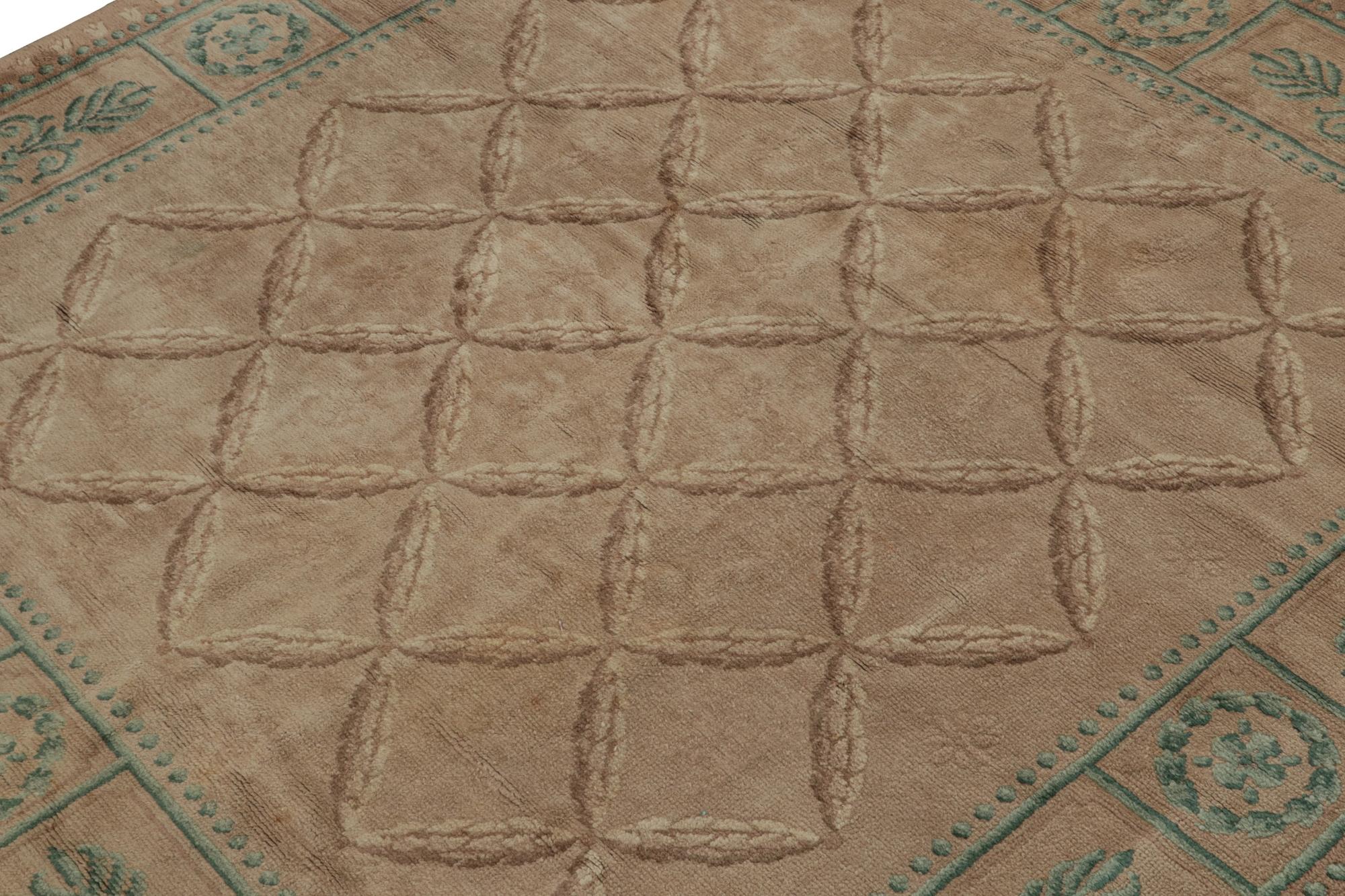 French  Antique Savonnerie Rug in Beige-Brown & Green Floral Patterns For Sale