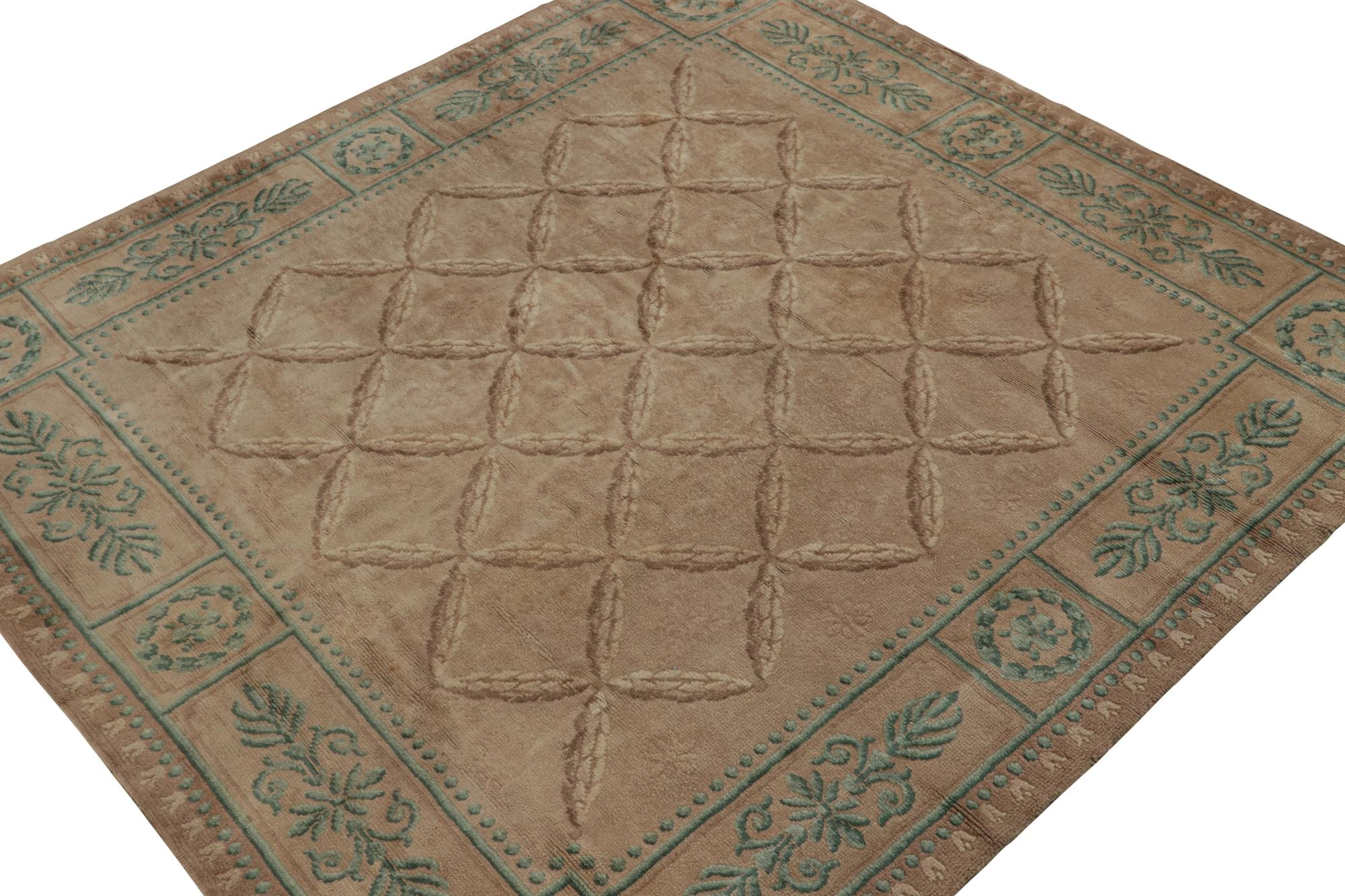 Hand-Knotted  Antique Savonnerie Rug in Beige-Brown & Green Floral Patterns For Sale