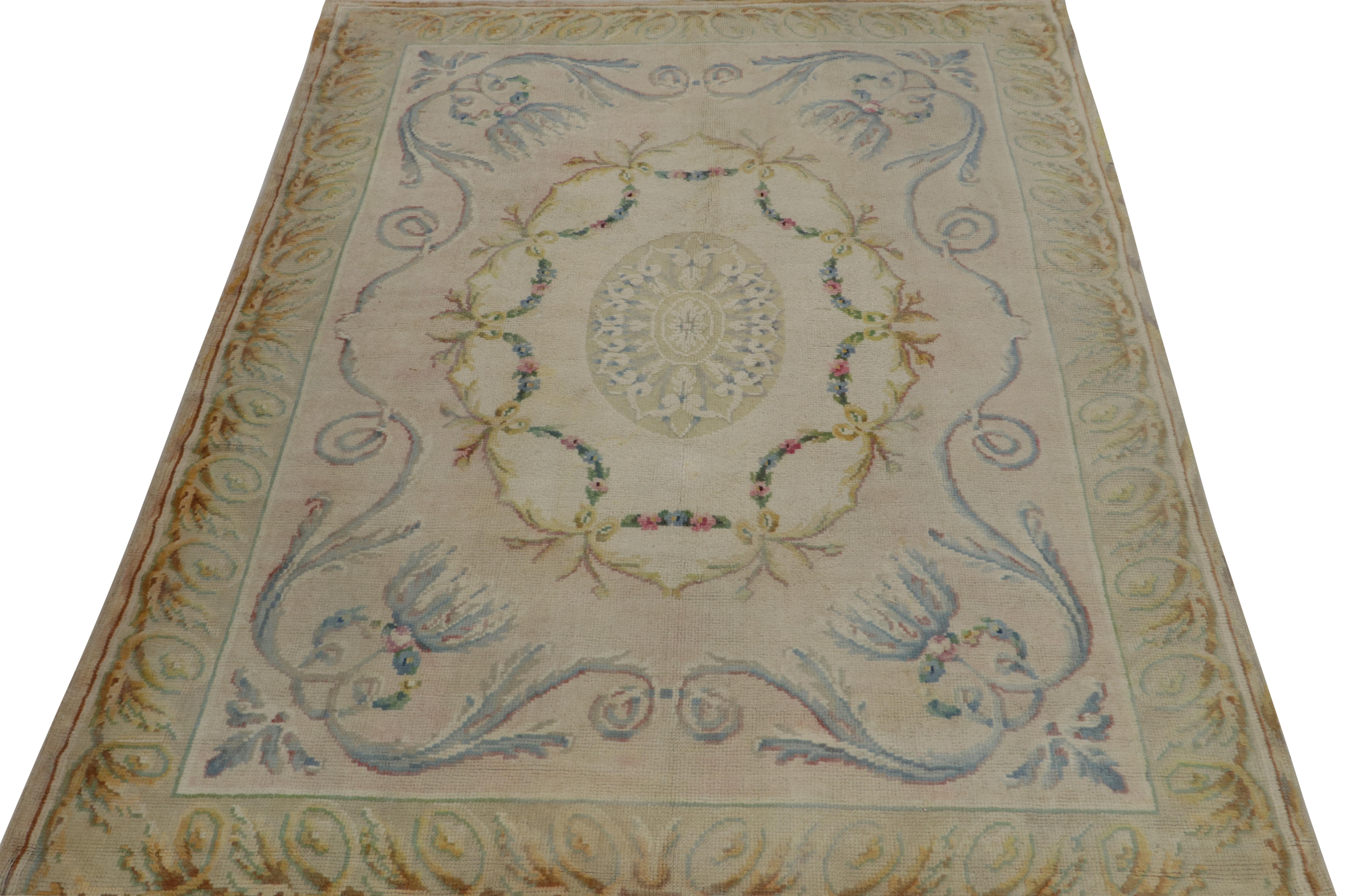 French Antique Savonnerie Rug in Pink with Ivory Medallion and Florals, by Rug & Kilim