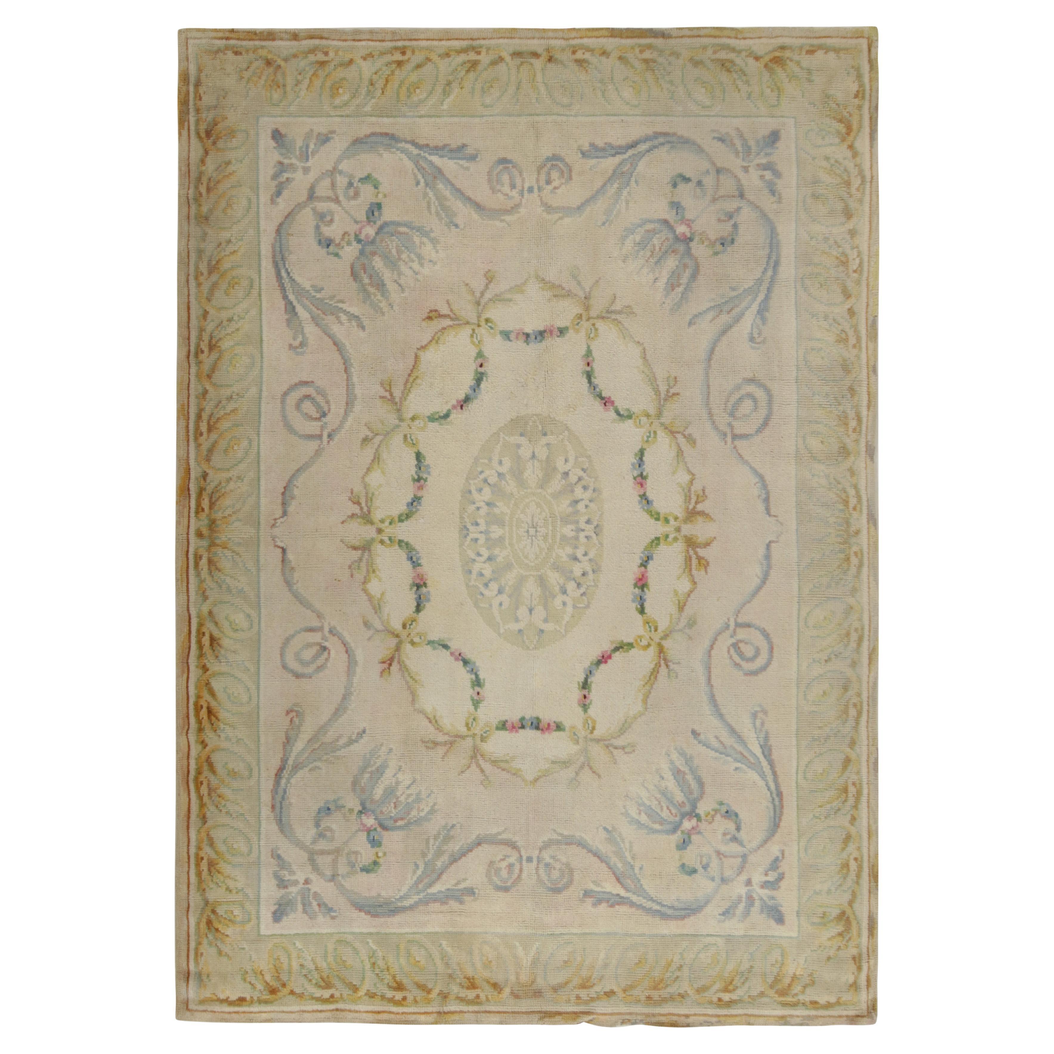 Antique Savonnerie Rug in Pink with Ivory Medallion and Florals, by Rug & Kilim