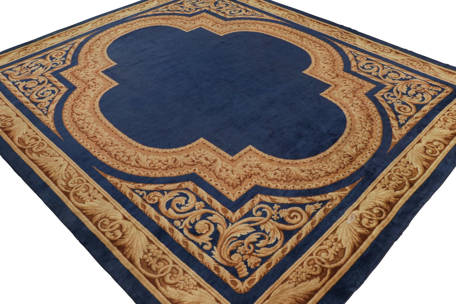 Antique Savonnerie rug with Blue Open Field and Gold Patterns In Good Condition For Sale In Long Island City, NY
