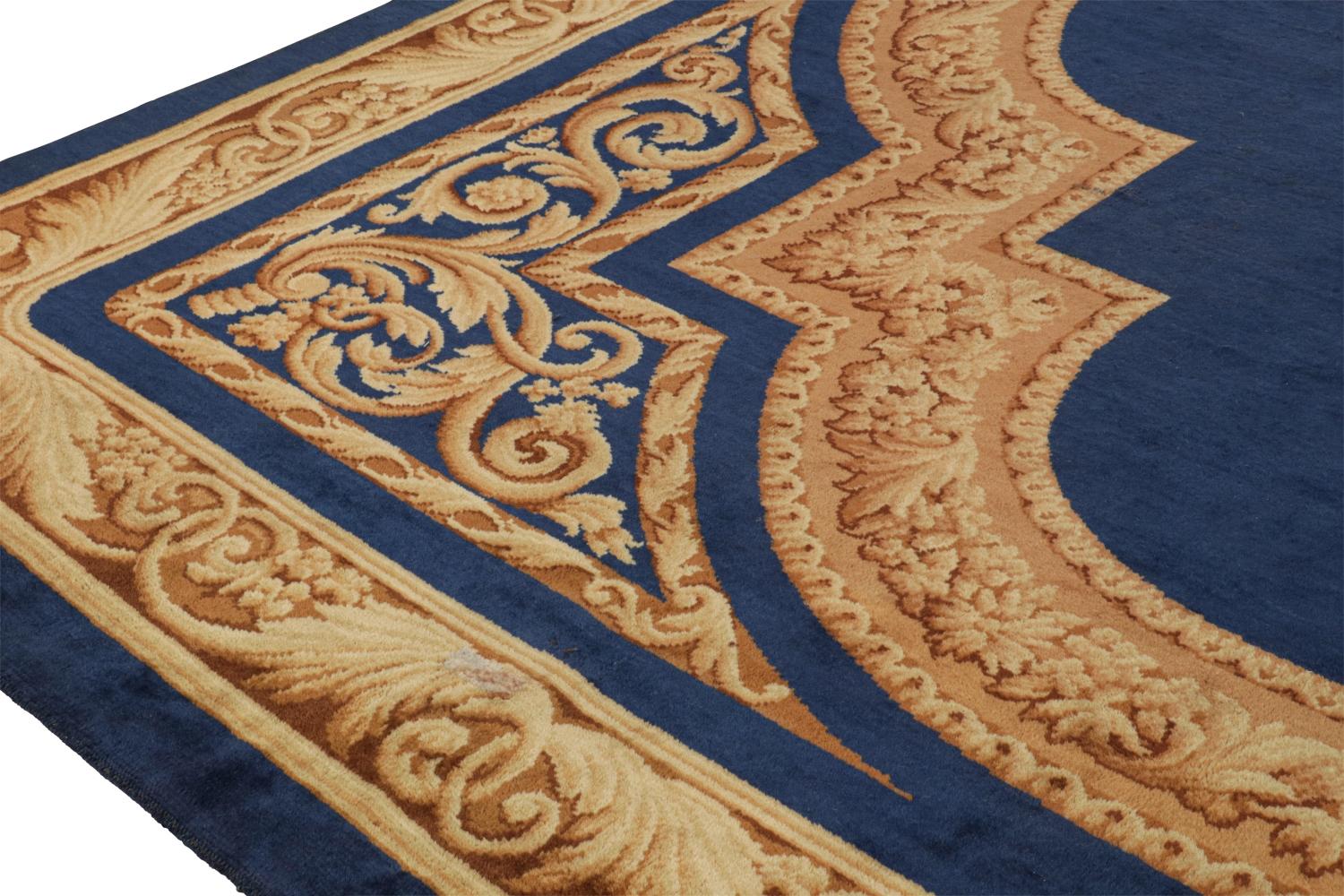 Early 20th Century Antique Savonnerie rug with Blue Open Field and Gold Patterns For Sale