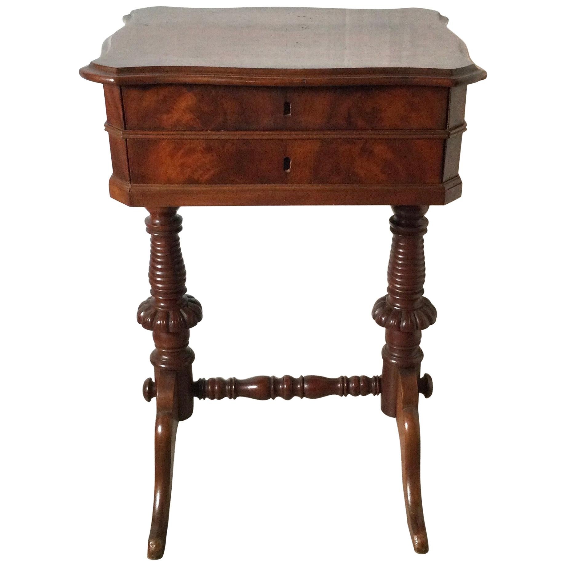 Antique Sawing Two-Drawer Table Stand with Drawers For Sale