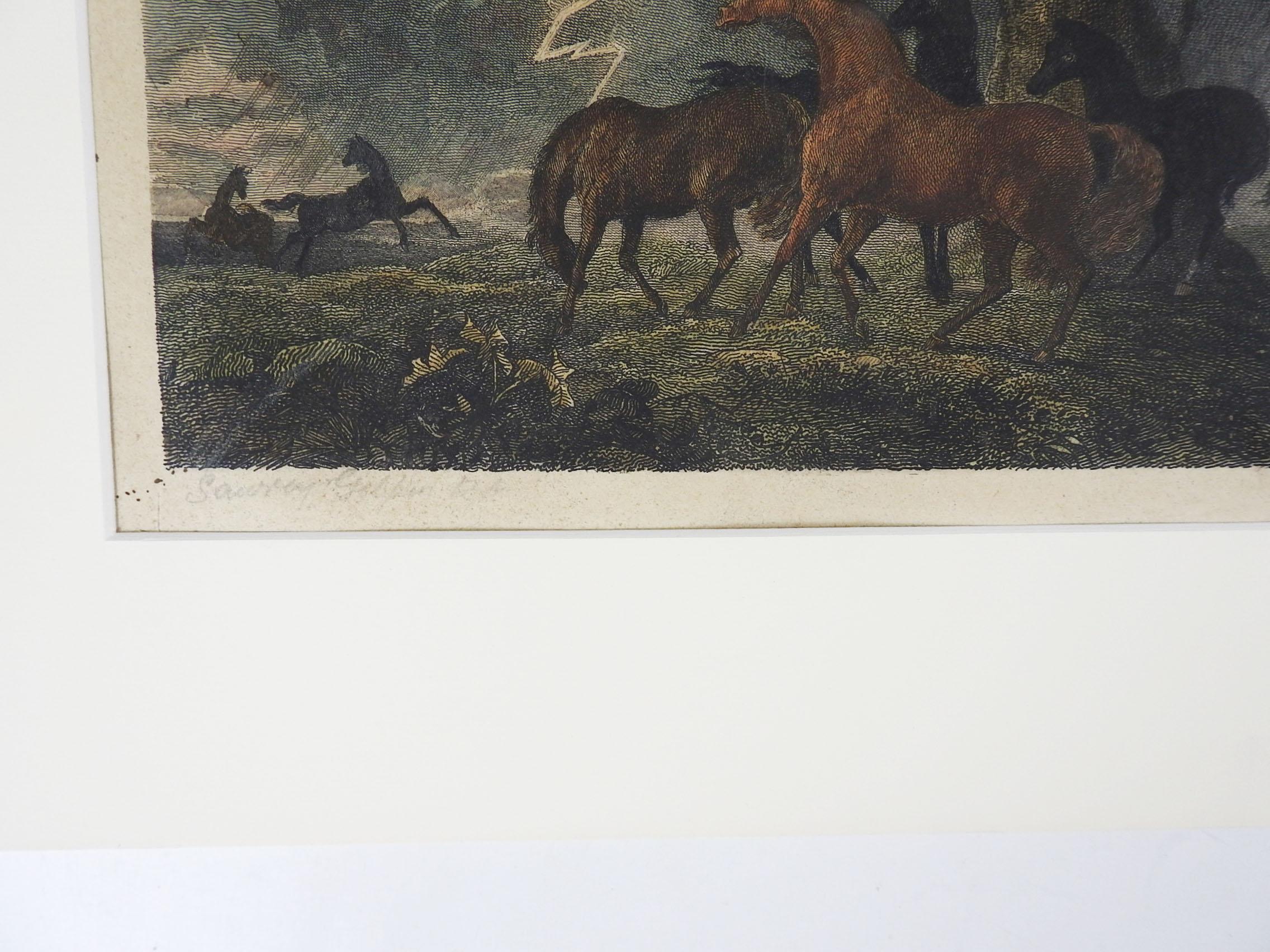 Gravure à l'eau-forte ancienne du début du 19e siècle, colorée à la main, sur papier brun foncé, d'après Sawrey Gilpin, représentant des chevaux dans un orage. Note au crayon de l'imprimeur en bas de la marge gauche Sawrey Gilpin, RA. Non encadré,