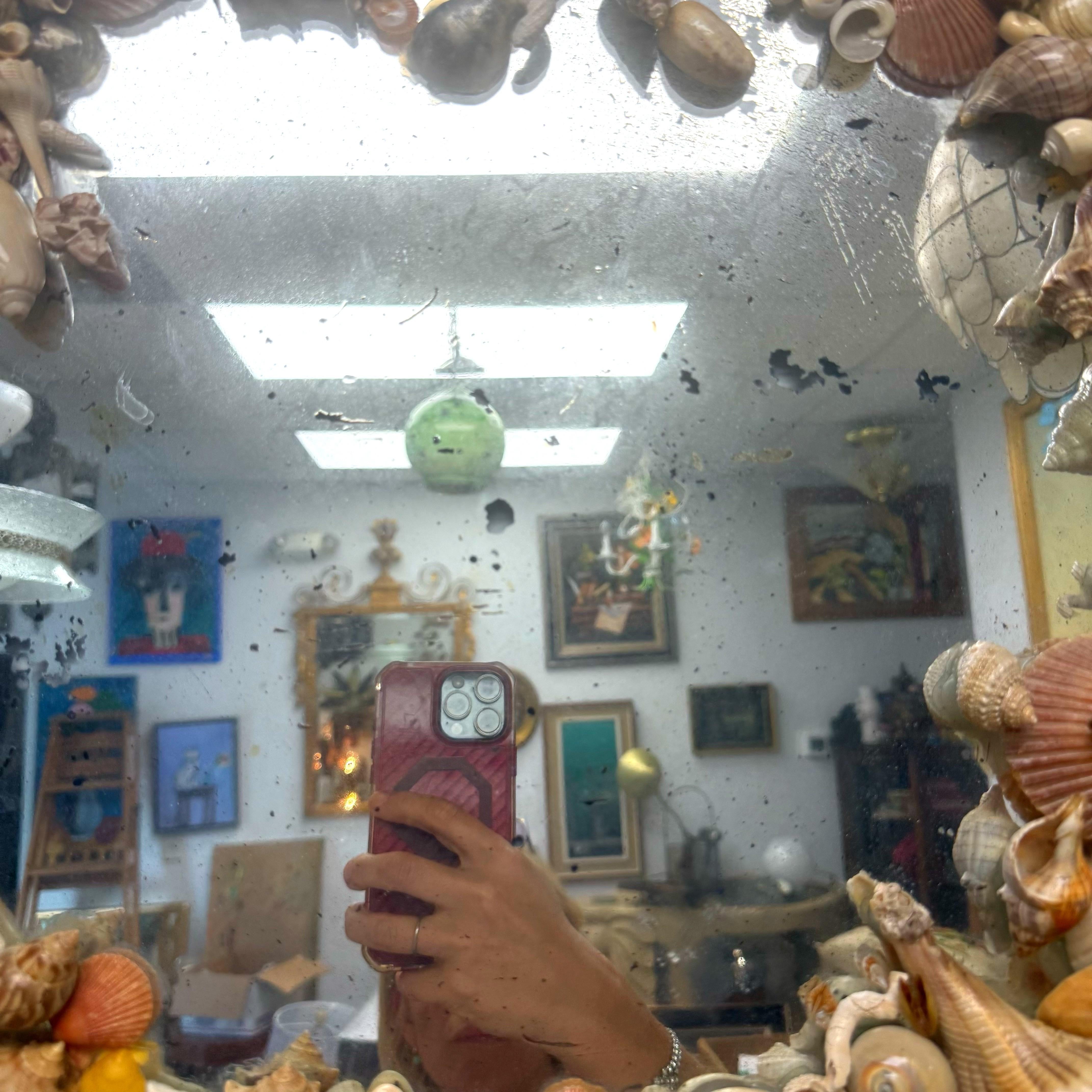 Other Antique Scalloped Frameless Circular Shelled Mirror For Sale