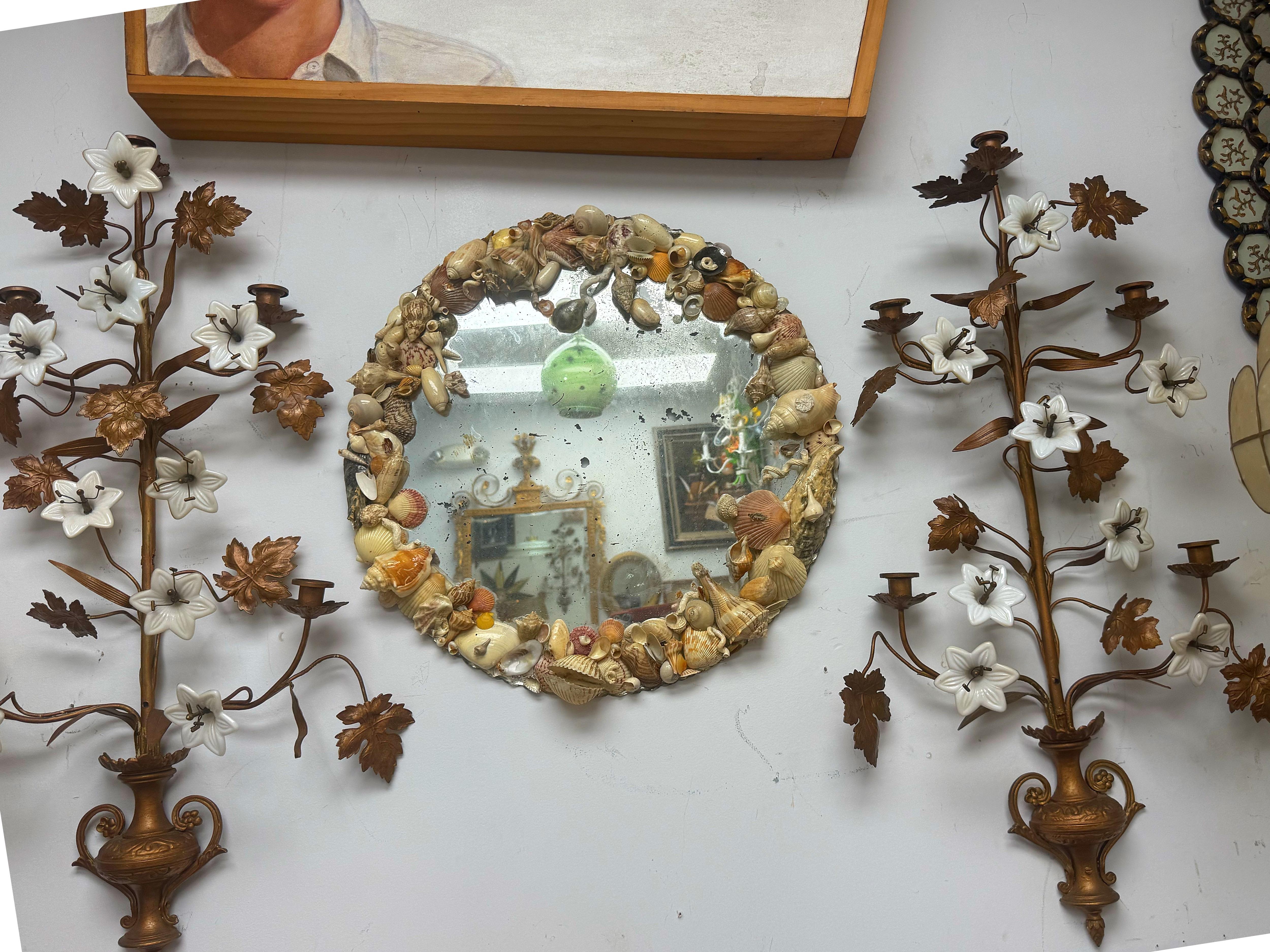 American Antique Scalloped Frameless Circular Shelled Mirror For Sale