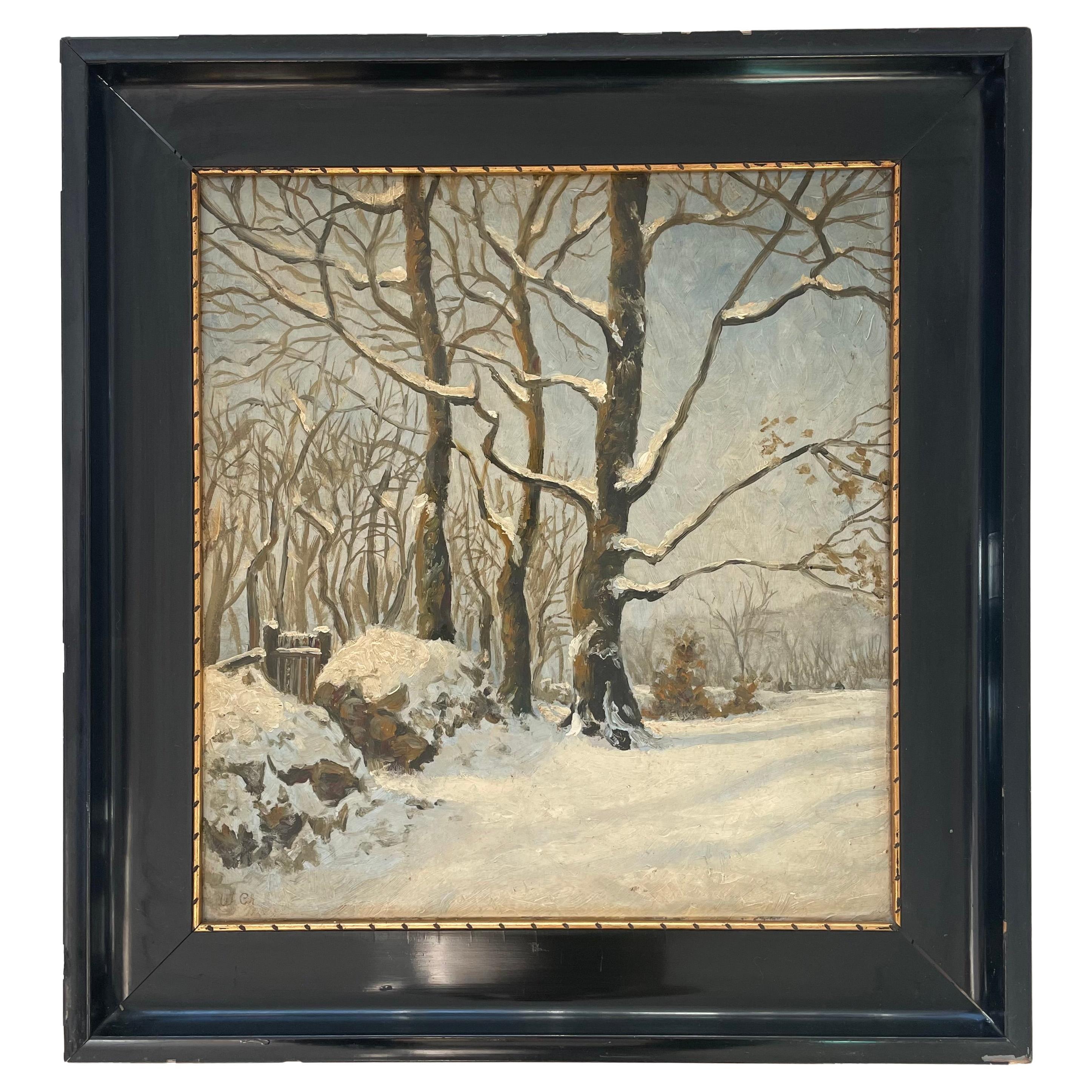 Antique Scandinavian 1930s quiet winter landscape - signed oil painting