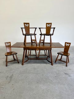 Antique Scandinavian Brutalist Oak Dining Set, Table and 6 Chairs
