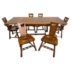 Antique Scandinavian Brutalist Oak Dining Set, Table and 6 Chairs