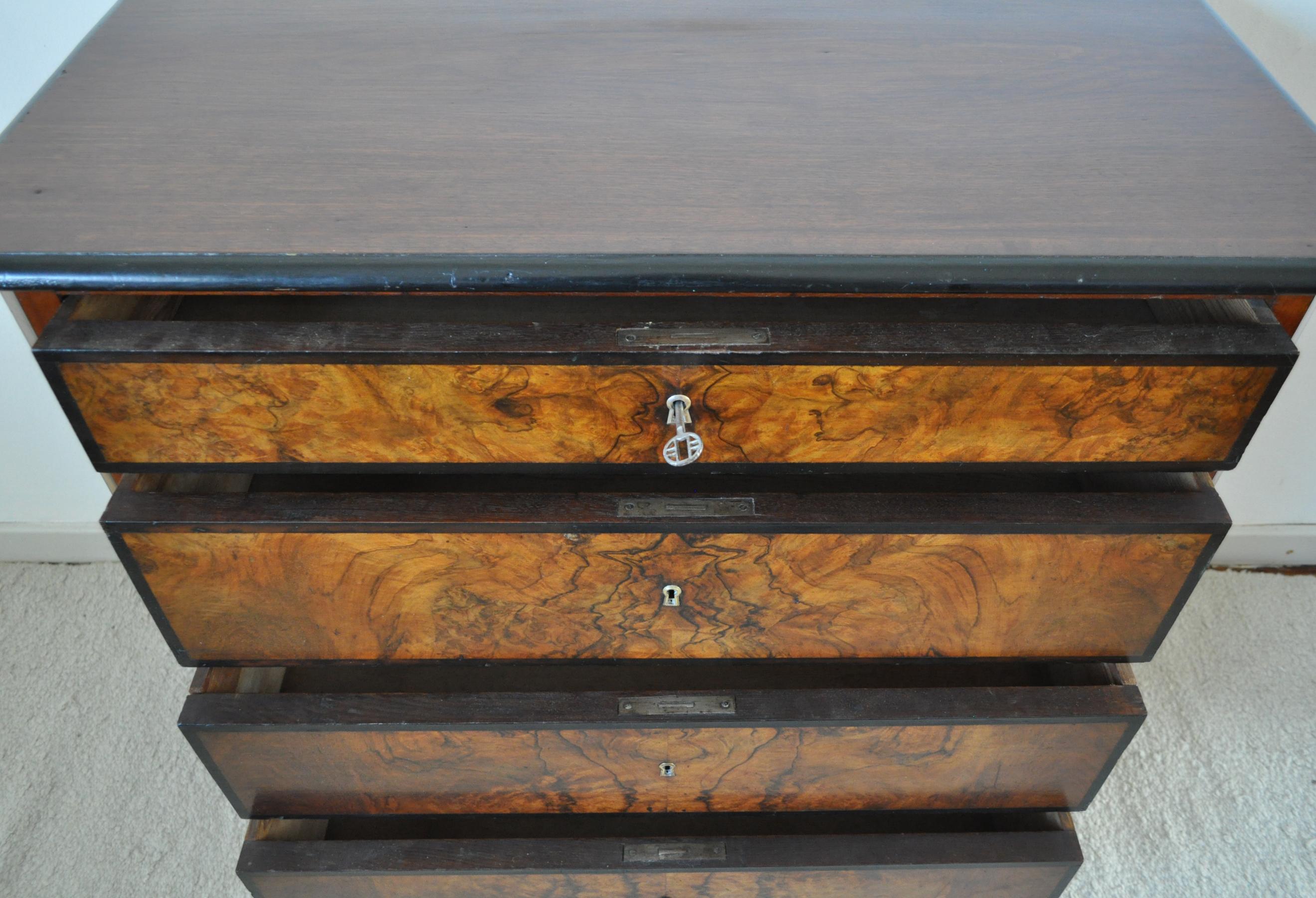Antique Scandinavian Chest of Drawers in Walnut & Mahogany with Ebonized Details For Sale 7