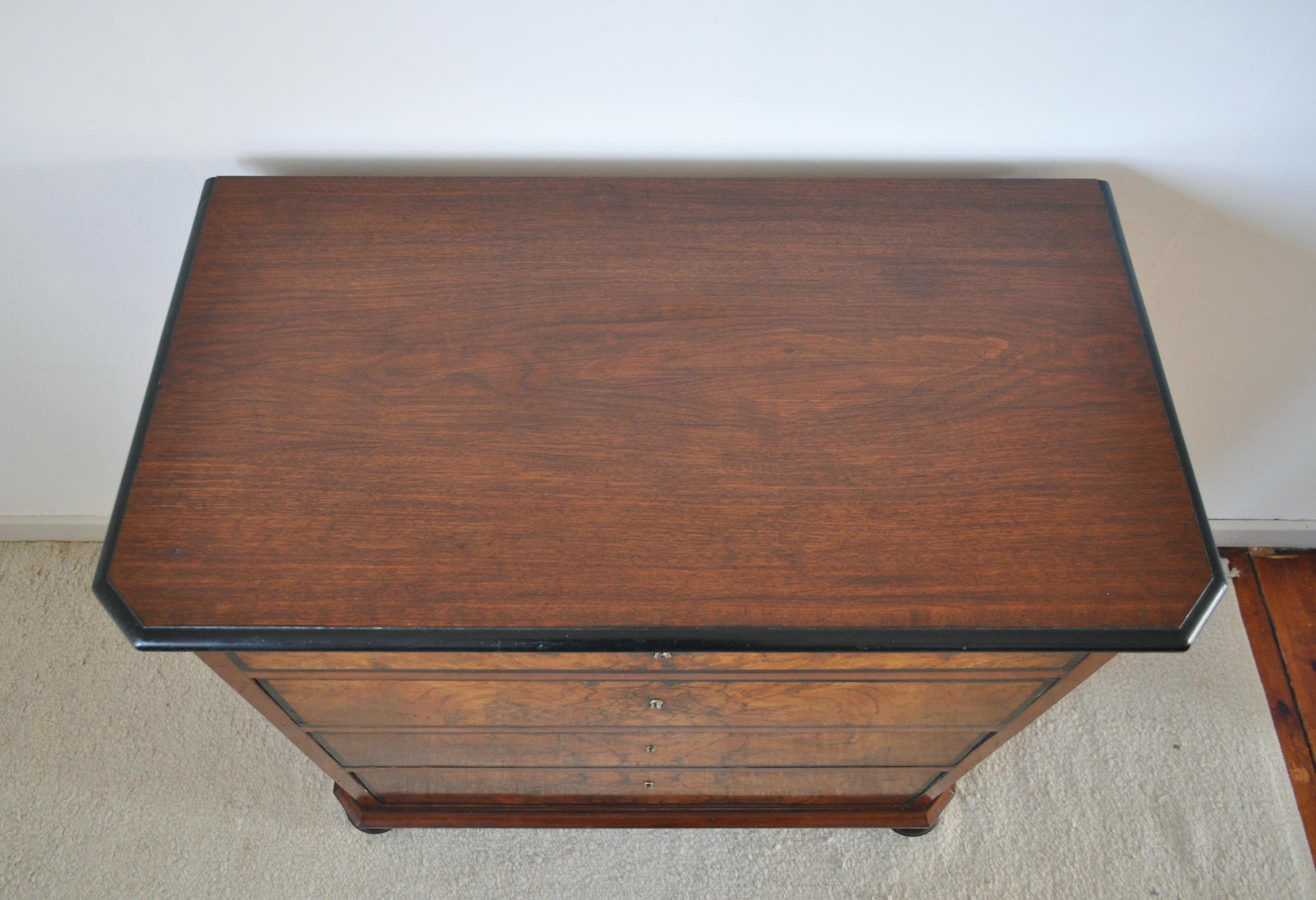 Antique Scandinavian Chest of Drawers in Walnut & Mahogany with Ebonized Details For Sale 1
