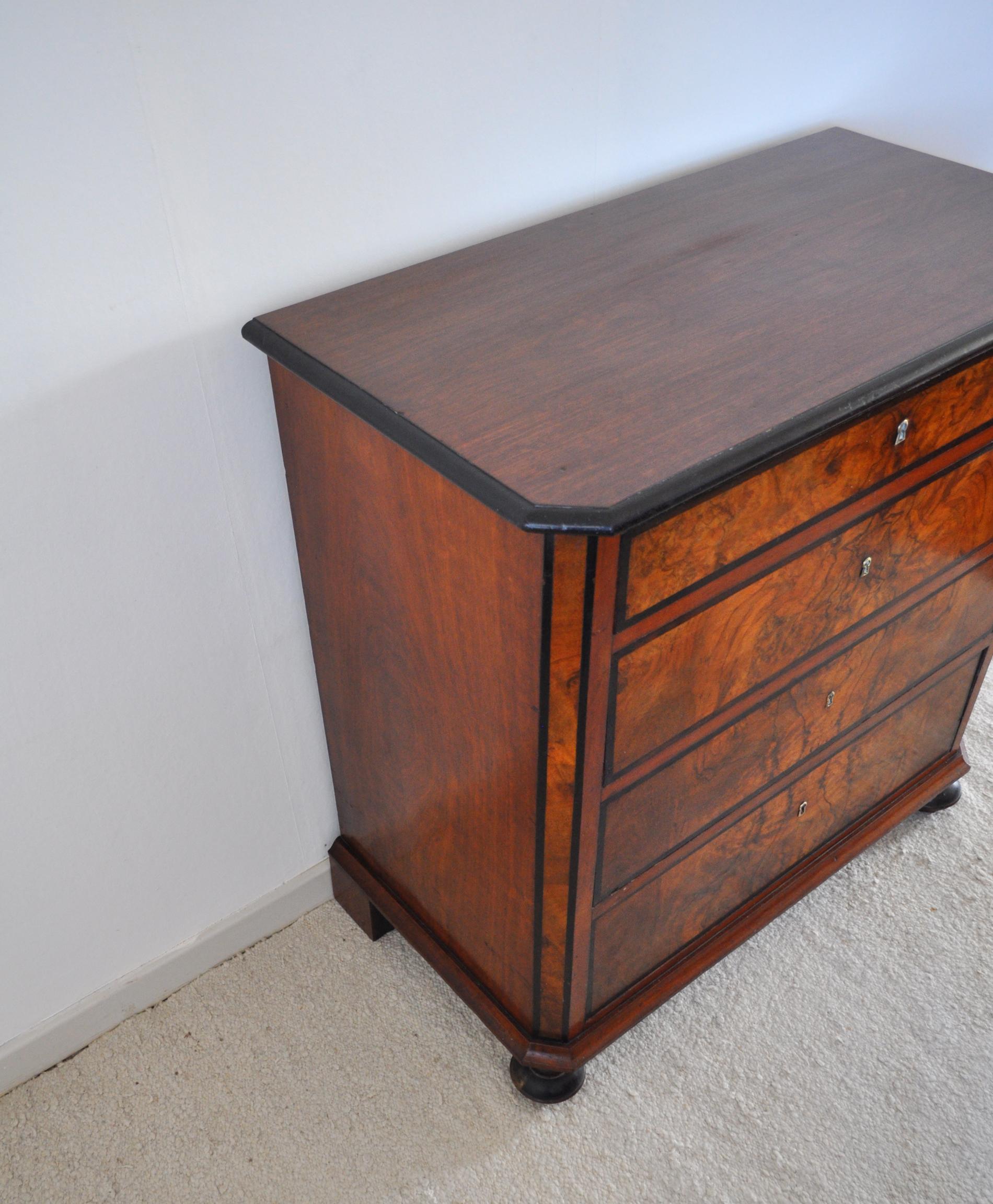 Antique Scandinavian Chest of Drawers in Walnut & Mahogany with Ebonized Details For Sale 2