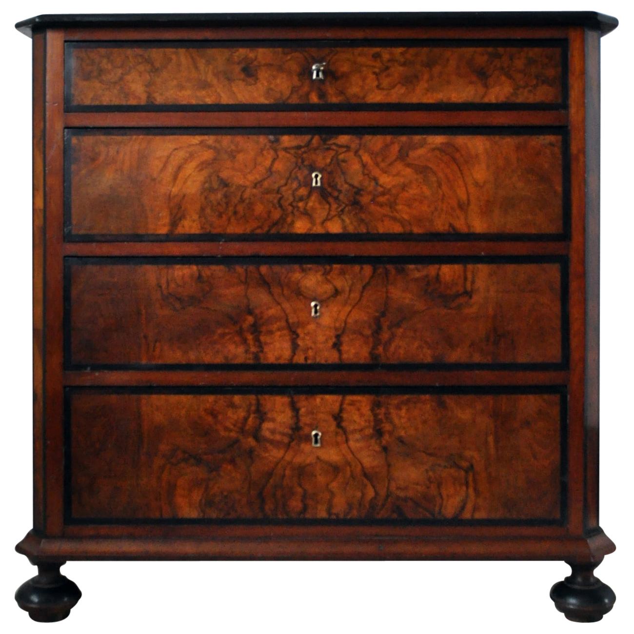 Antique Scandinavian Chest of Drawers in Walnut & Mahogany with Ebonized Details For Sale