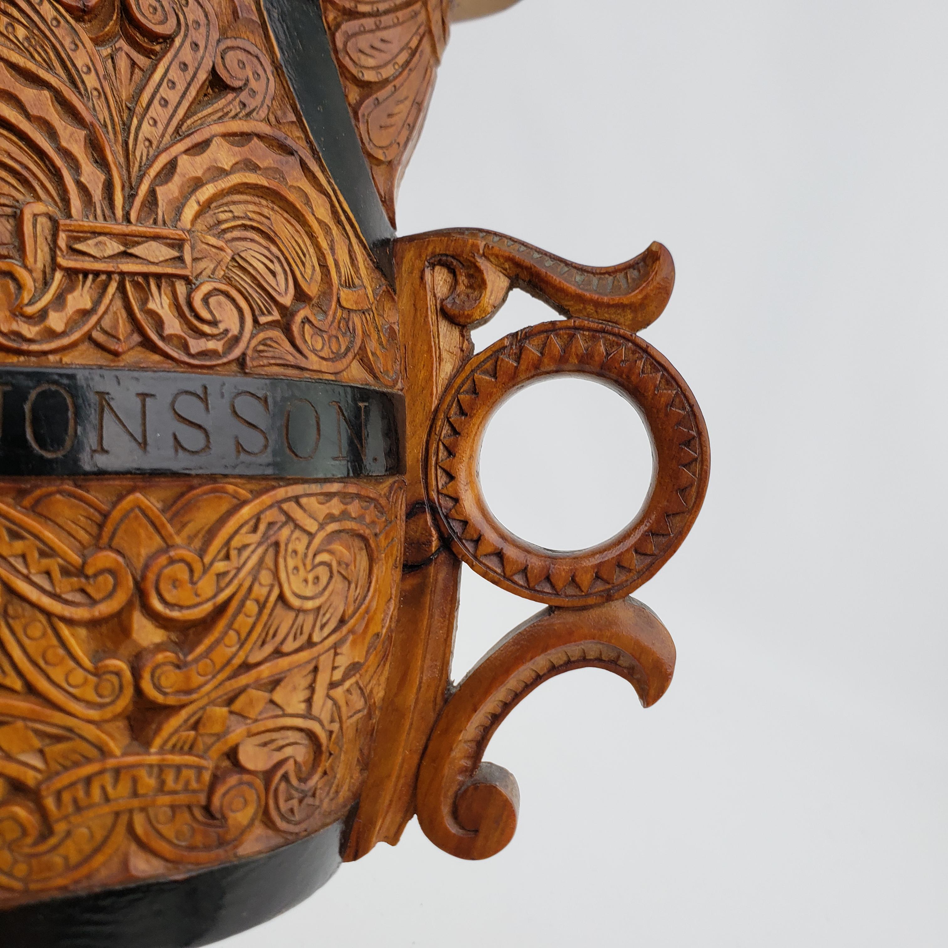 Antique Scandinavian Folk Art Carved Wooden Double Handled Pitcher For Sale 5