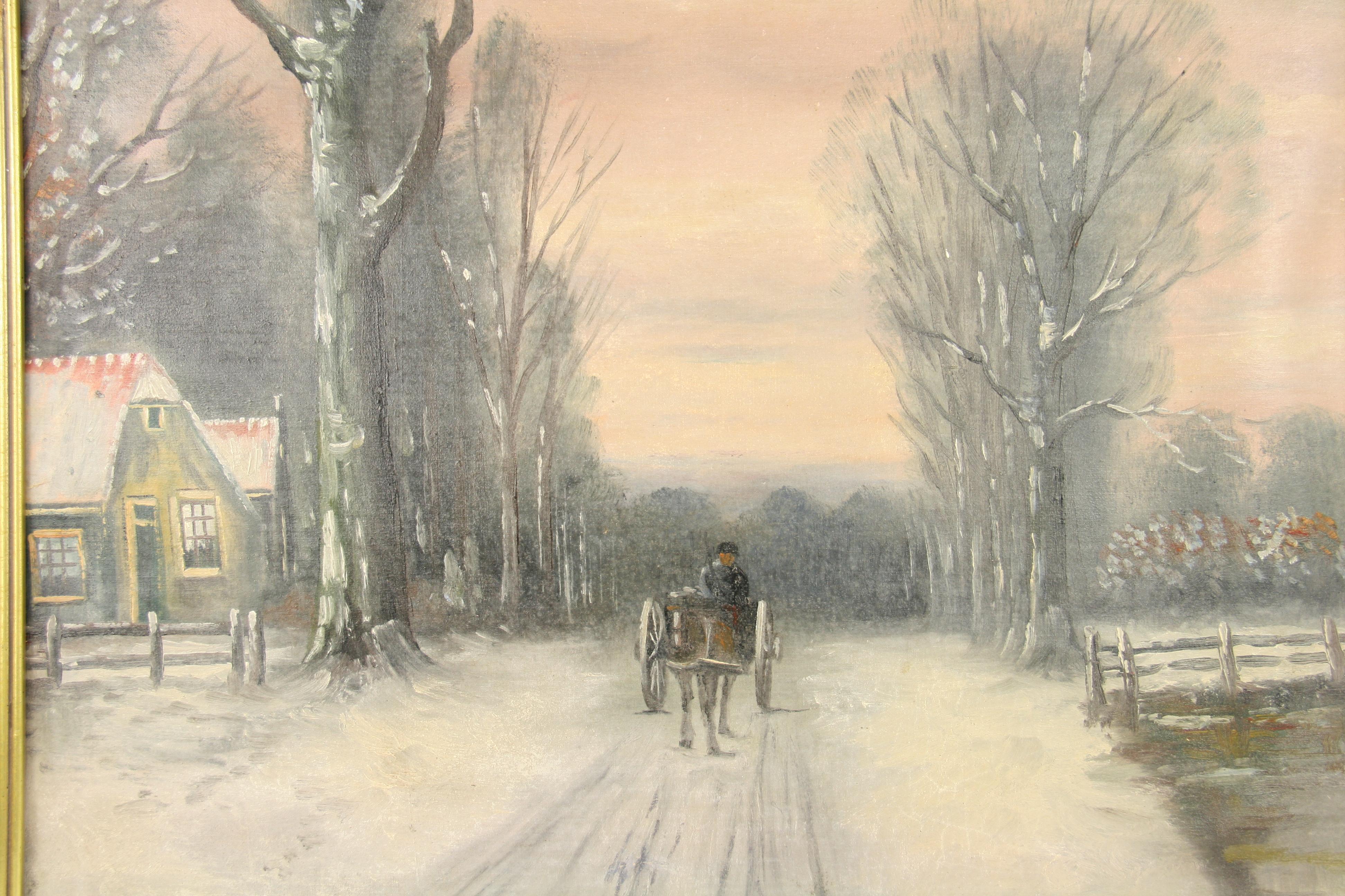 2568 Antikes impressionistisches Ölgemälde einer Pferdekutsche auf einer schneebedeckten Straße
Eingerahmt in einen historischen Rahmen
Segeltuch auf Karton aufgebracht 
Bildgröße 17.5x23.5