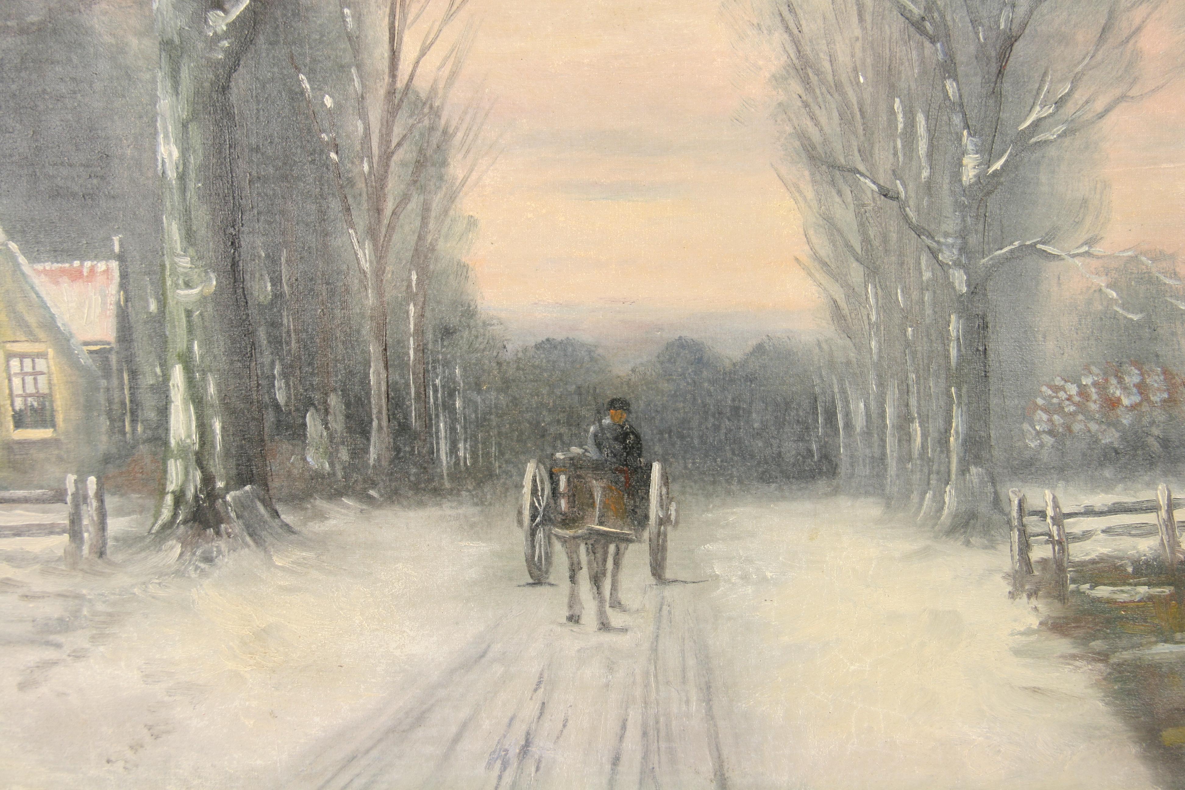 Mid-20th Century Antique Scandinavian Impressionist Oil Horse and Carriage Winter Landscape  For Sale