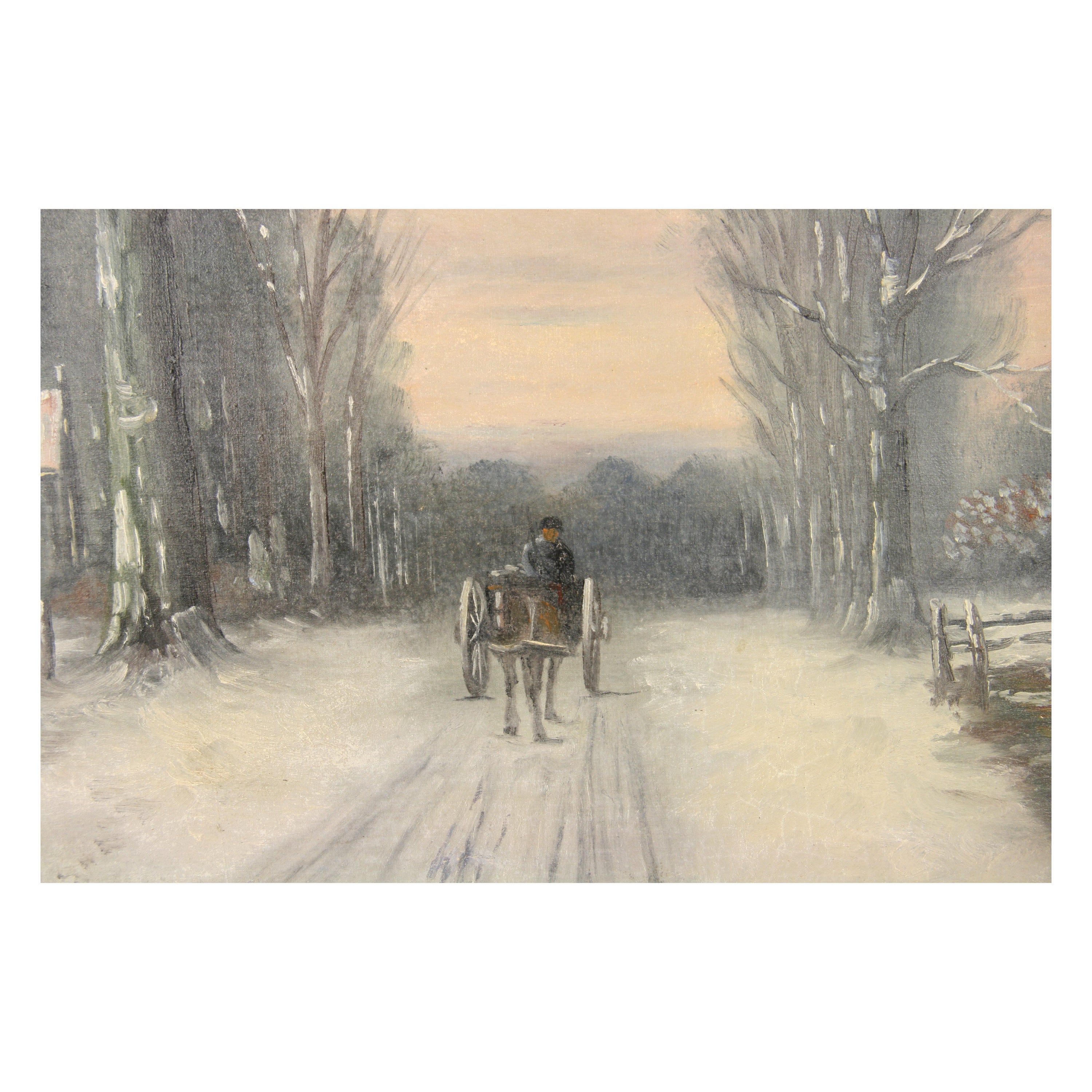 Antike skandinavische Impressionisten Öl Pferd und Kutsche Winterlandschaft
