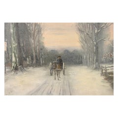 Antique Scandinavian Impressionist Oil Horse and Carriage Winter Landscape