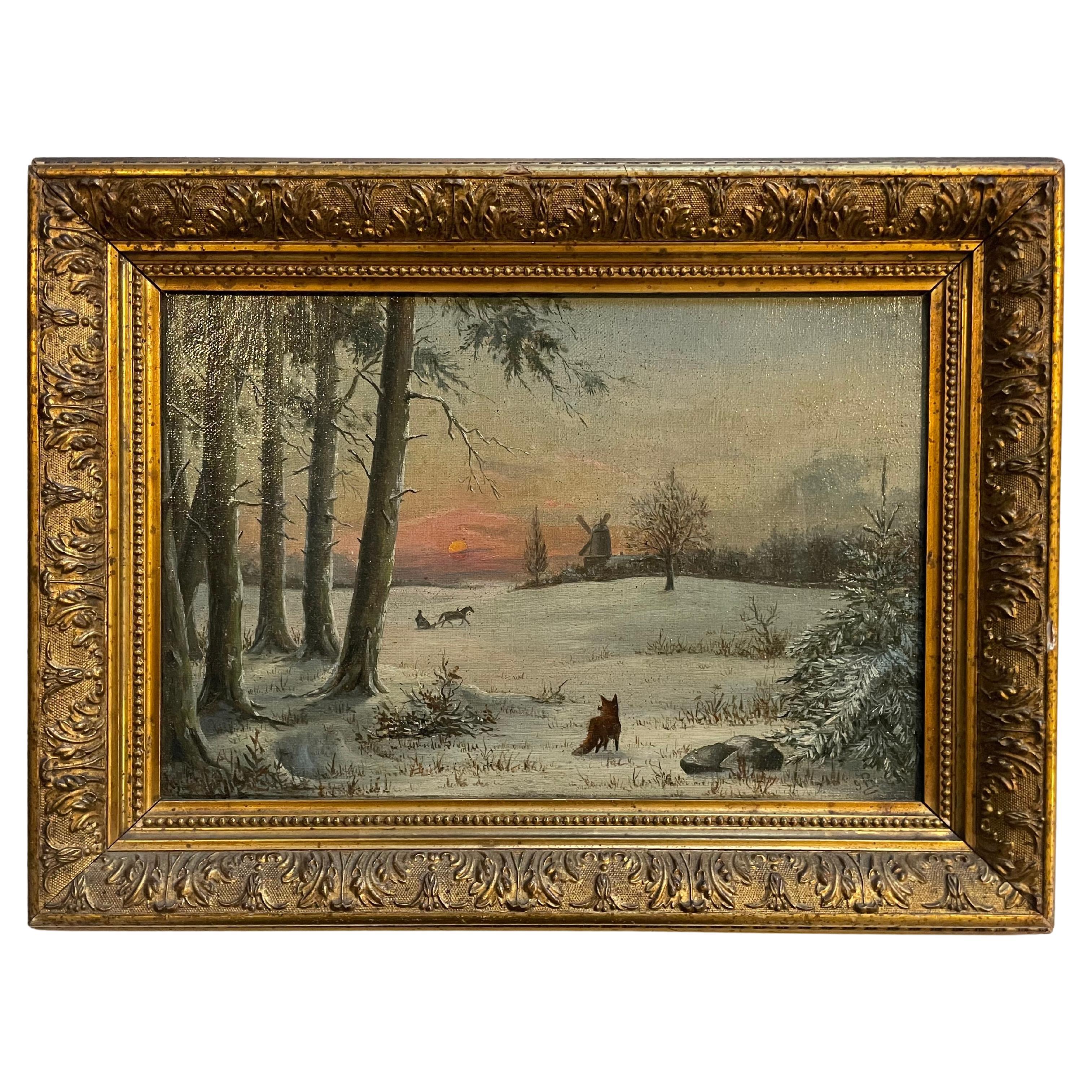 Antique Scandinavian late 19th century winter landscape oil painting, signed
