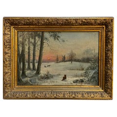 Antico dipinto ad olio di paesaggio invernale scandinavo della fine del XIX secolo, firmato