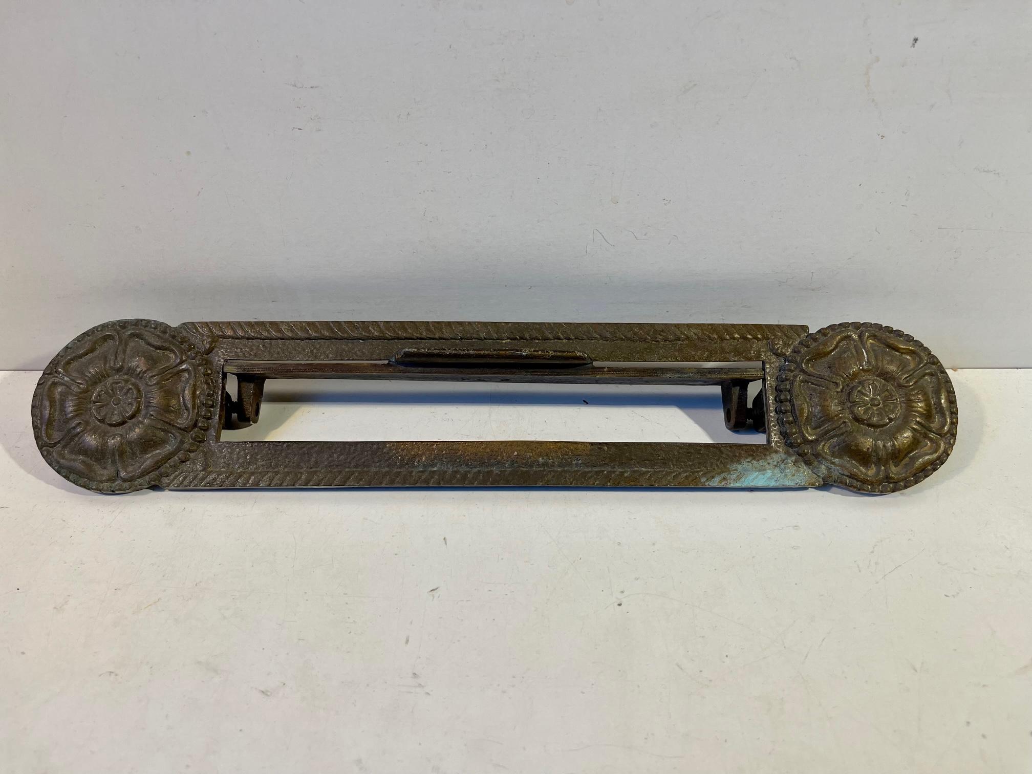 Old wide letter slot in patinated bronze. Manufactured in Denmark circa 1920. Wellkept and mechanically sound condition. Rock solid. Measurements: W: 31.5 cm, H: 6 cm.