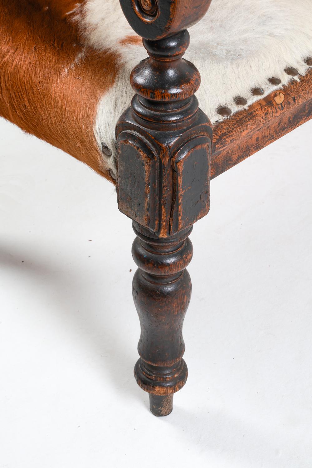 Antique Scandinavian Oak Settle Bench w/ Cowhide, 18th C. For Sale 9